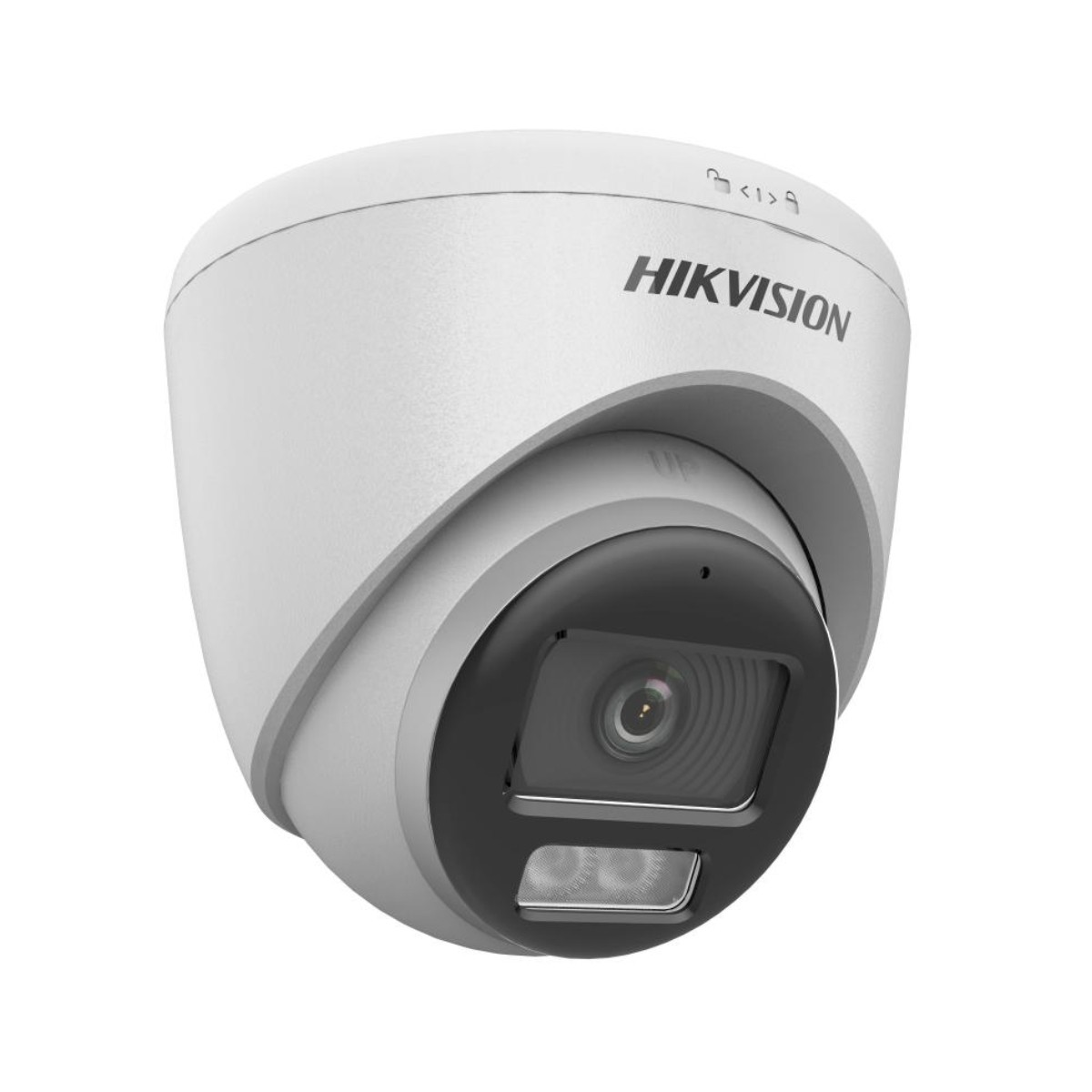 Eine weiße Überwachungskamera. Es hat eine schwarze Linse und das Wort HIKVISION ist sichtbar. Die Kamera ist angewinkelt.