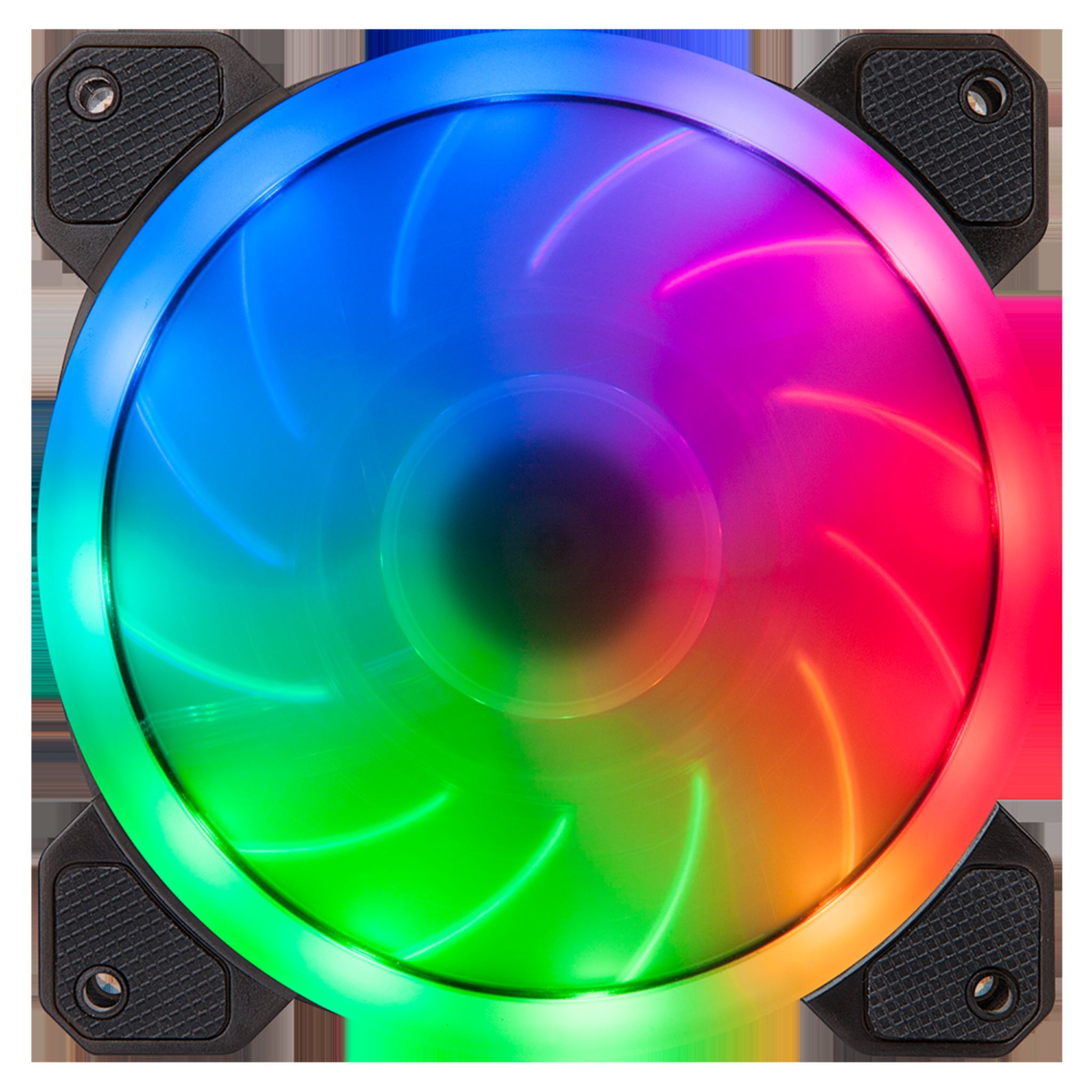 Ein runder Computerlüfter mit schwarzem Rahmen. Es hat farbenfrohe LED-Lichter in einem Regenbogenverlauf.