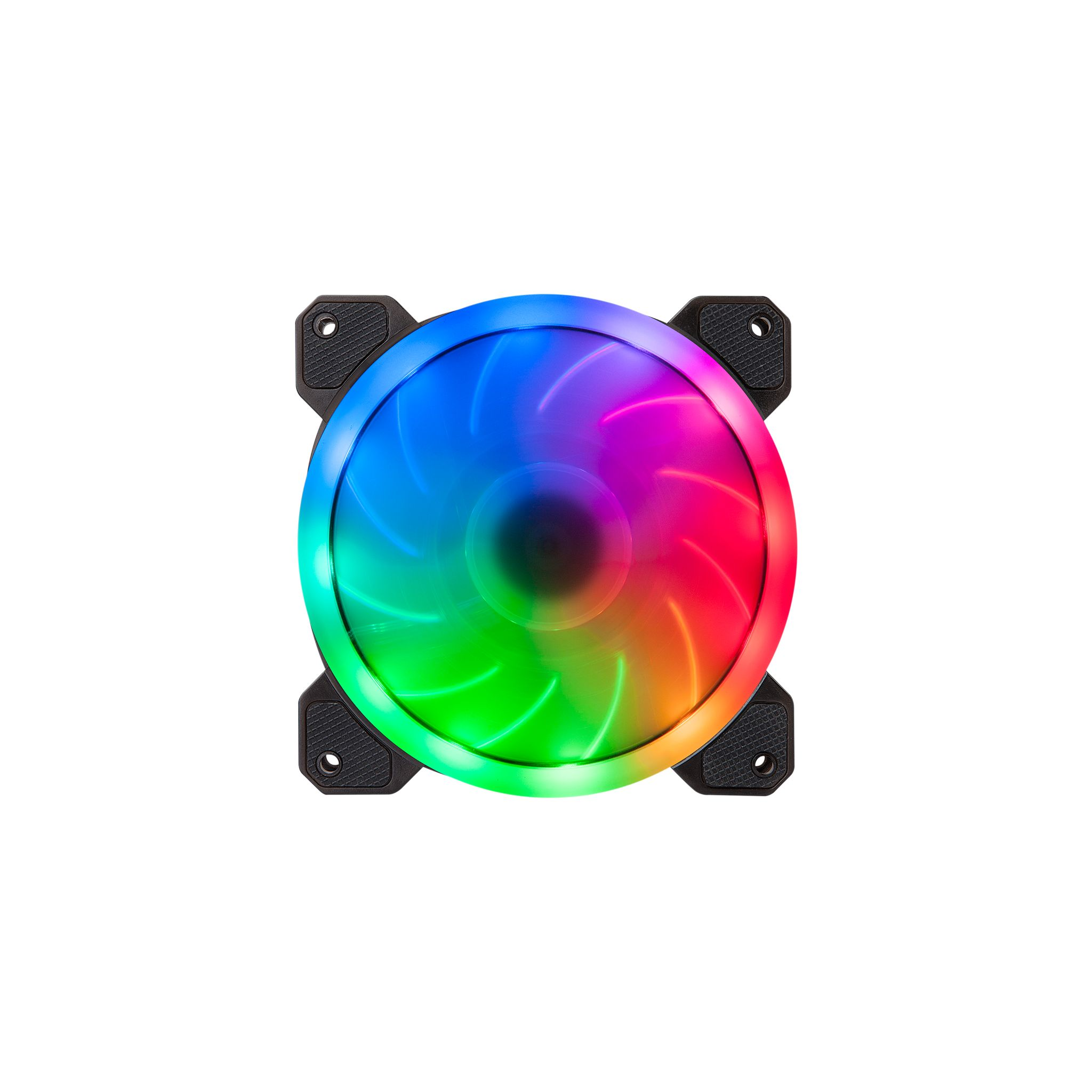 Ein runder Computerlüfter mit schwarzem Rahmen. Es hat farbenfrohe LED-Lichter in einem Regenbogenverlauf.
