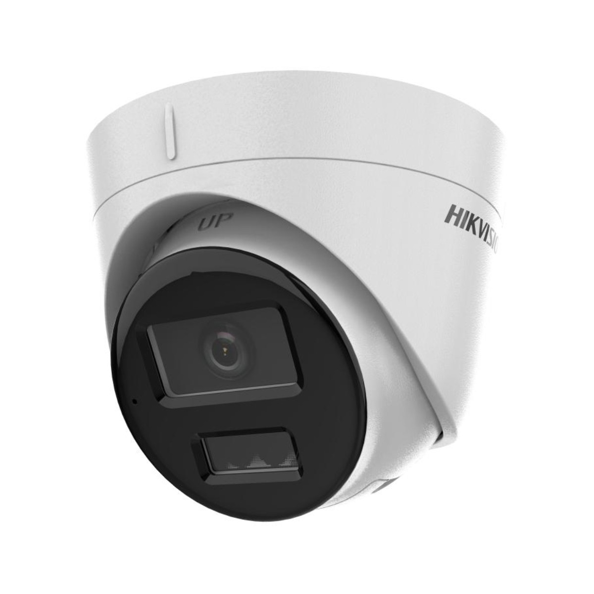 Eine weiße Überwachungskamera mit schwarzem Objektiv. Die Kamera ist angewinkelt und das Wort HIKVISION ist sichtbar.