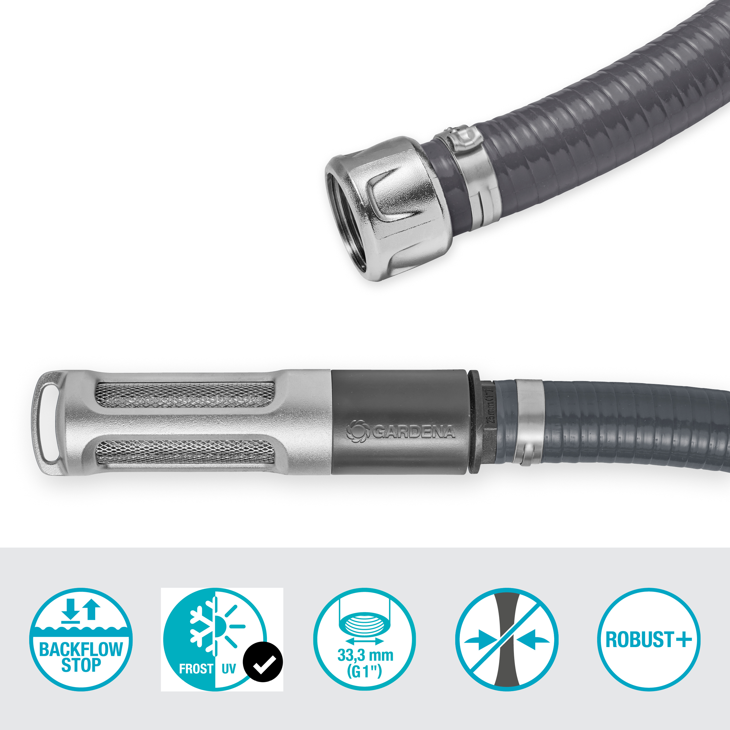 Szary wąż ogrodowy ze srebrnym mocowaniem. Wąż posiada zabezpieczenie przed przepływem zwrotnym i jest odporny na mróz.