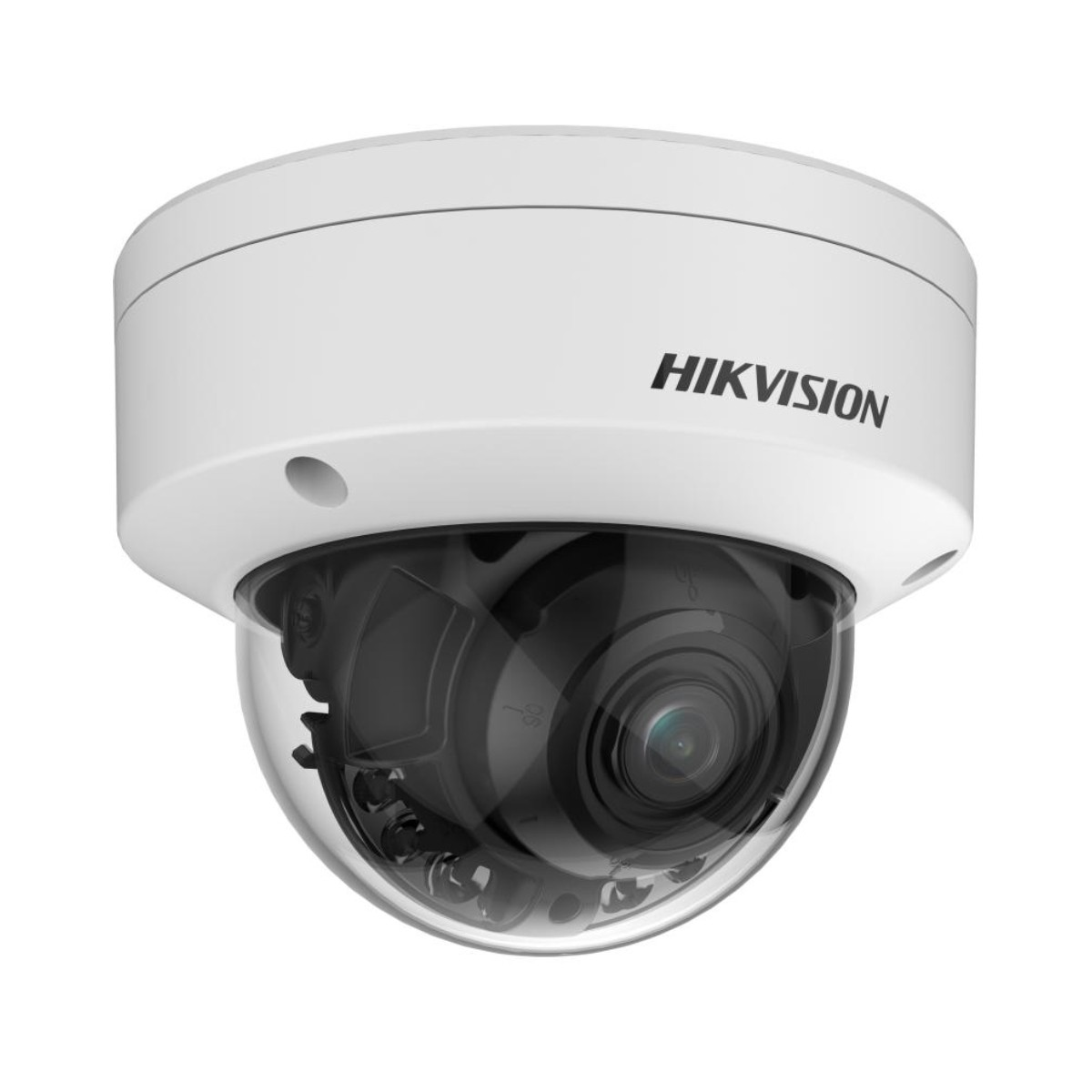 Telecamera di sicurezza Hikvision bianca con lente nera, vista dal basso.