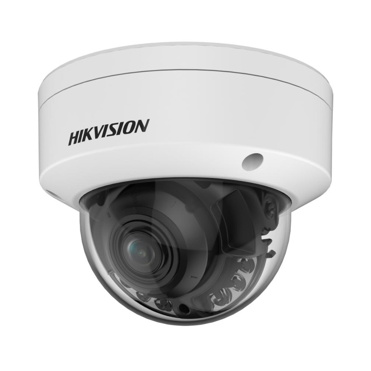 Telecamera a cupola bianca con logo HIKVISION. Obiettivo e dettagli neri visibili.