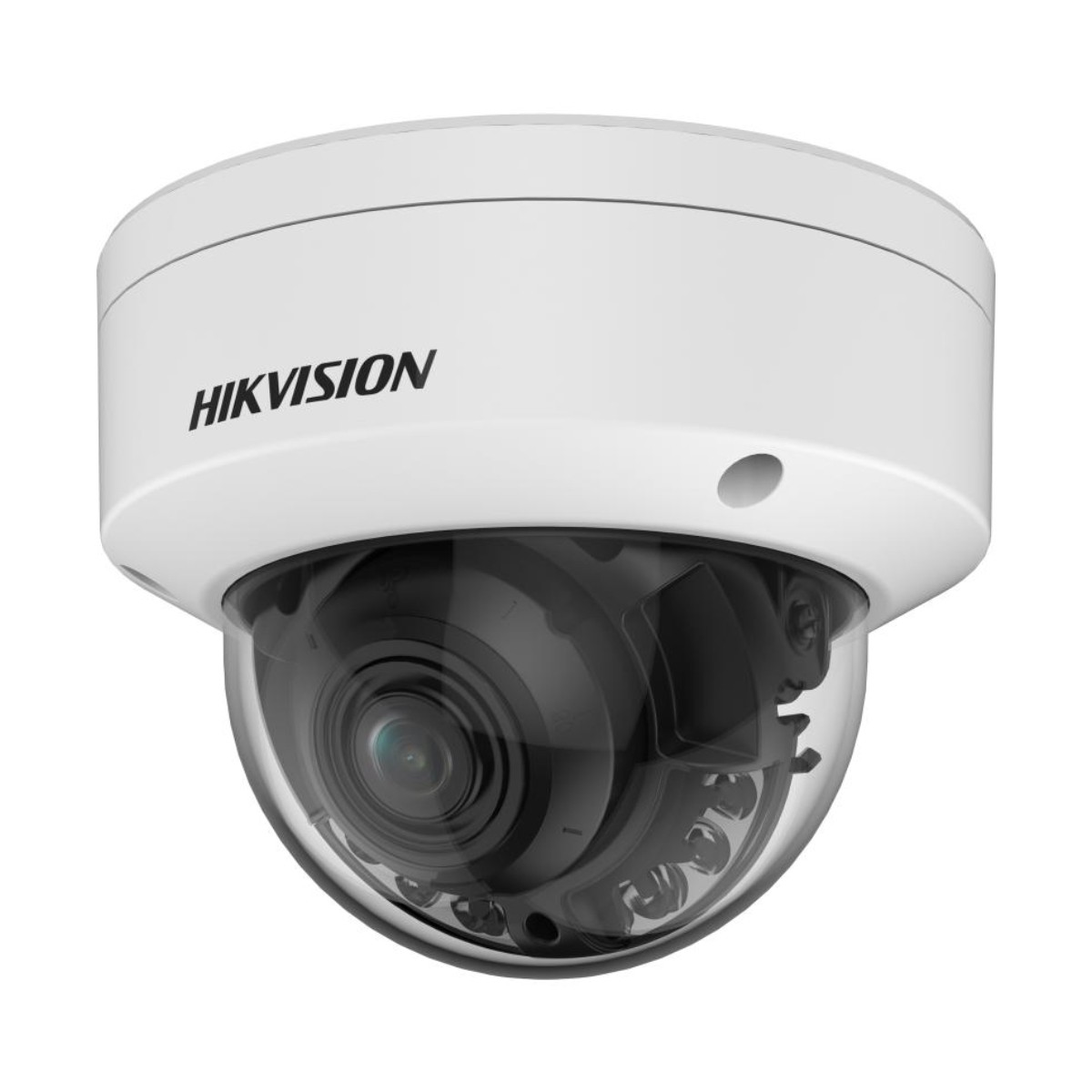 Witte dome camera met HIKVISION logo. Zwarte lens en details zijn zichtbaar.