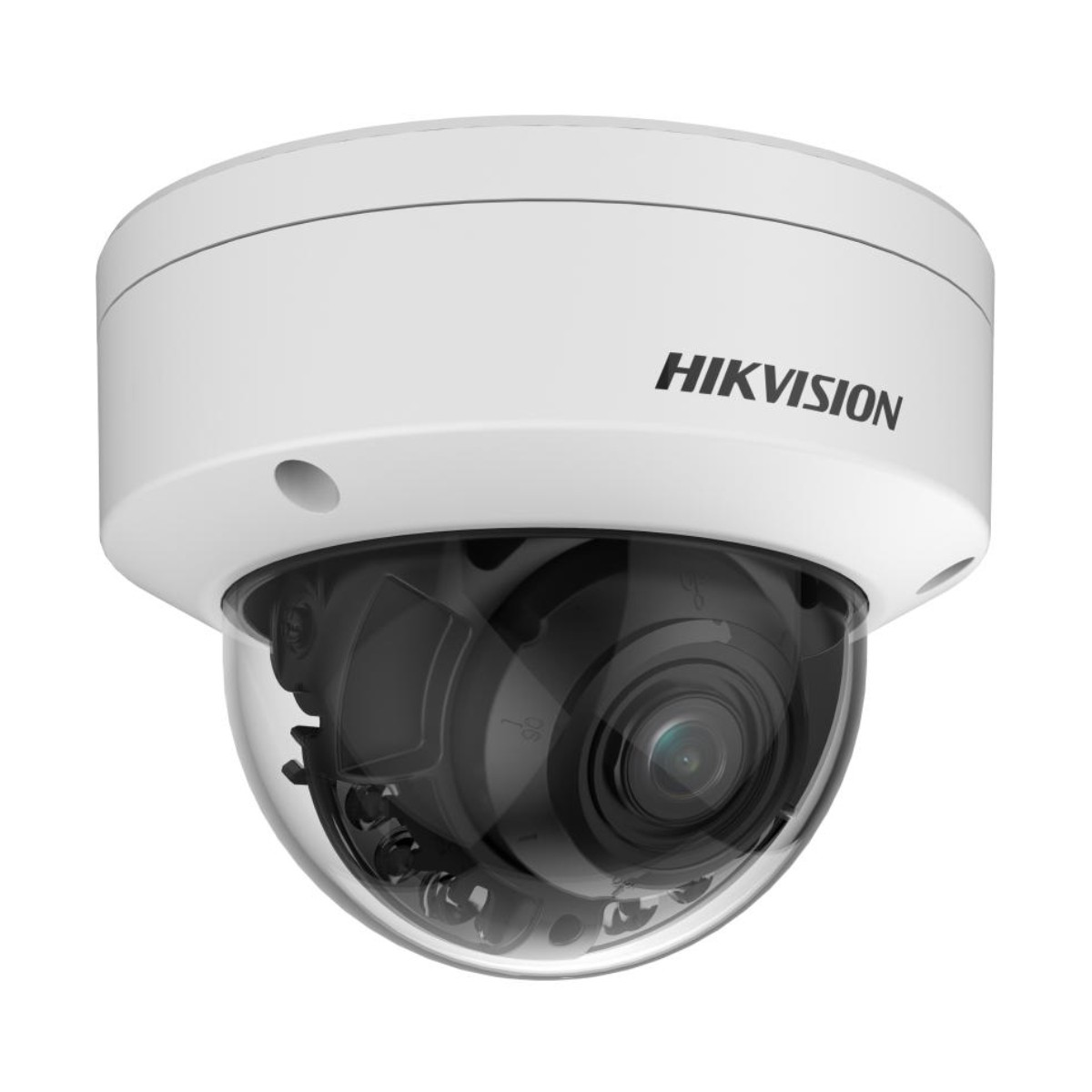 Witte dome camera met HIKVISION logo. Zwarte lens en details zijn zichtbaar.