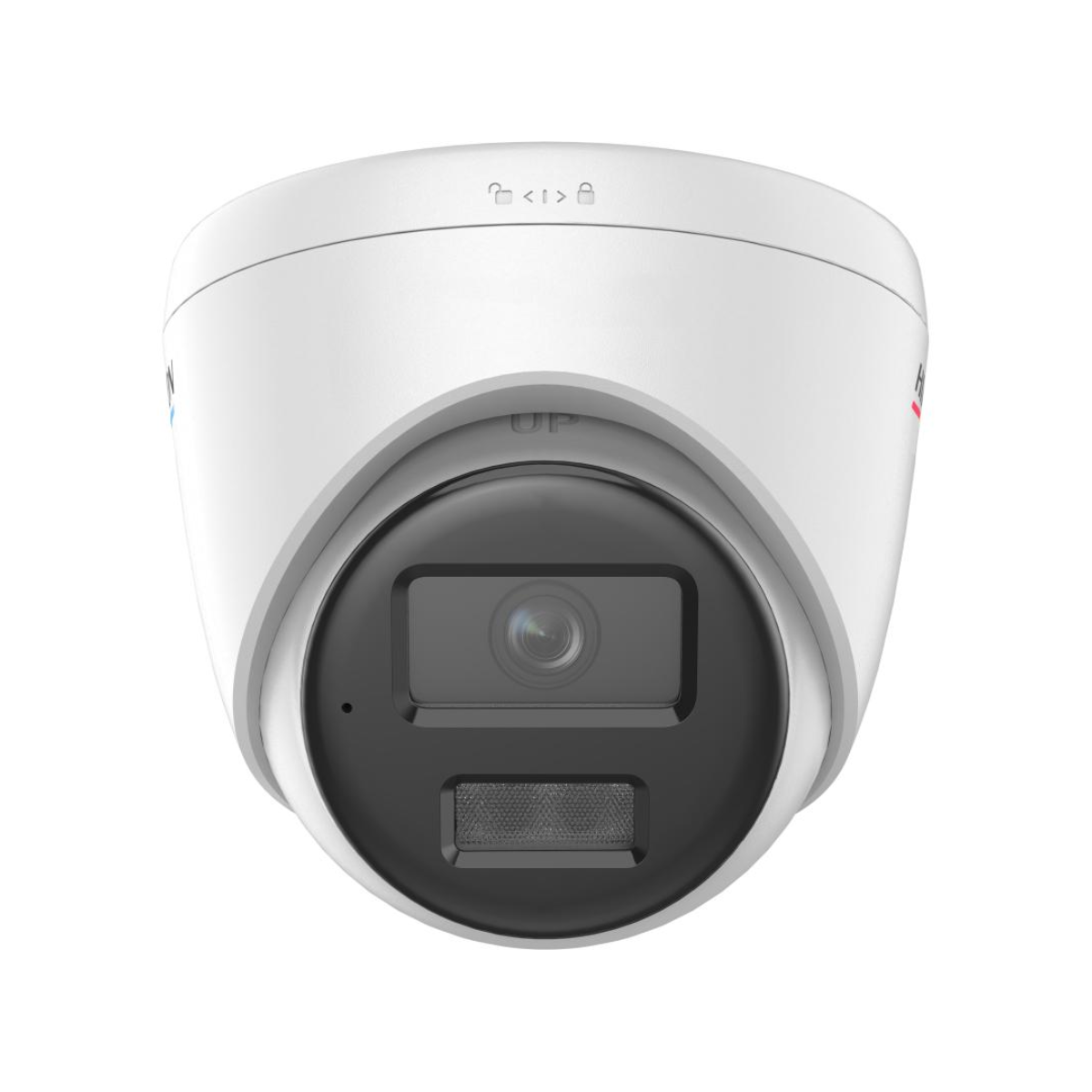 Weiße Kamera mit schwarzem Objektiv und HIKVISION-Logo. Pfeil nach oben über dem Objektiv.