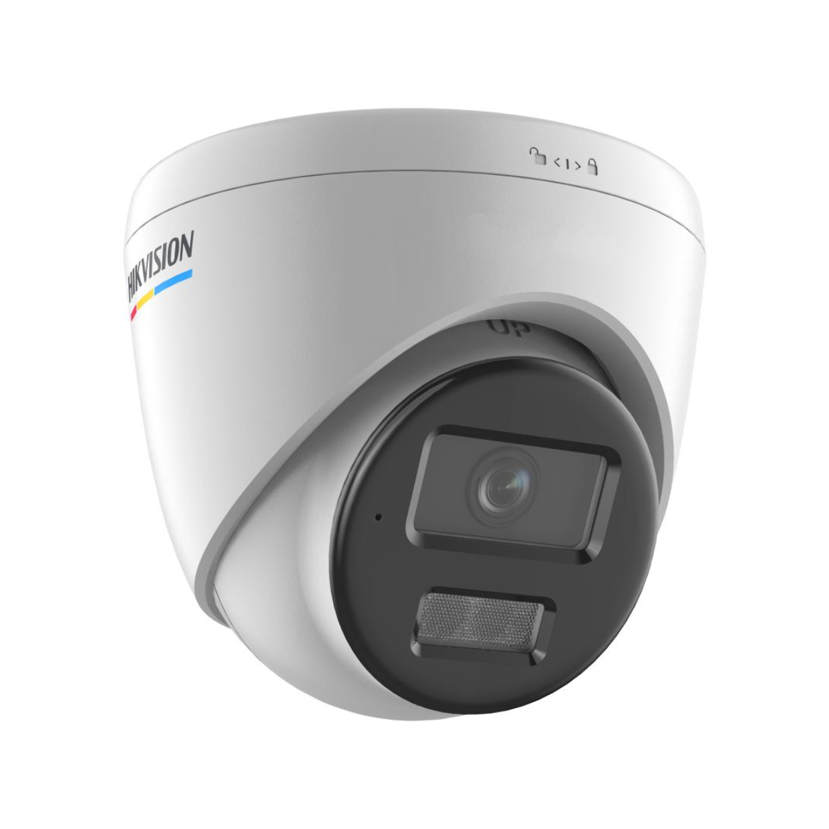 Weiße Kamera mit schwarzem Objektiv und HIKVISION-Logo. Pfeil nach oben über dem Objektiv.