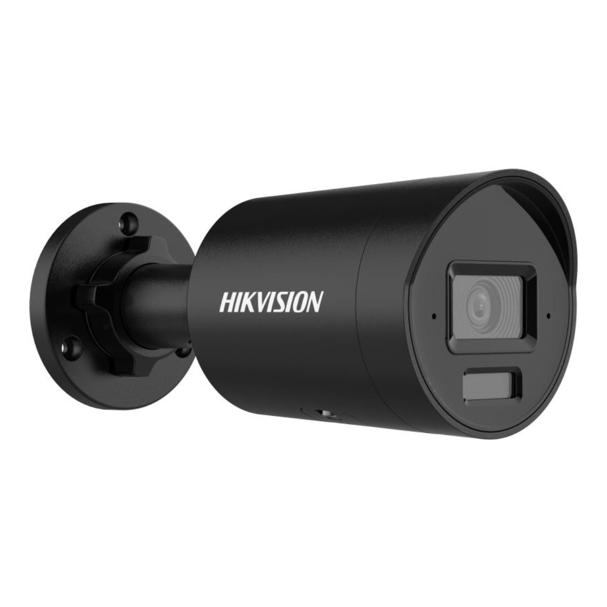 Czarna kamera bezpieczeństwa zamontowana na ścianie, cylindryczny kształt, marka 'HIKVISION'.