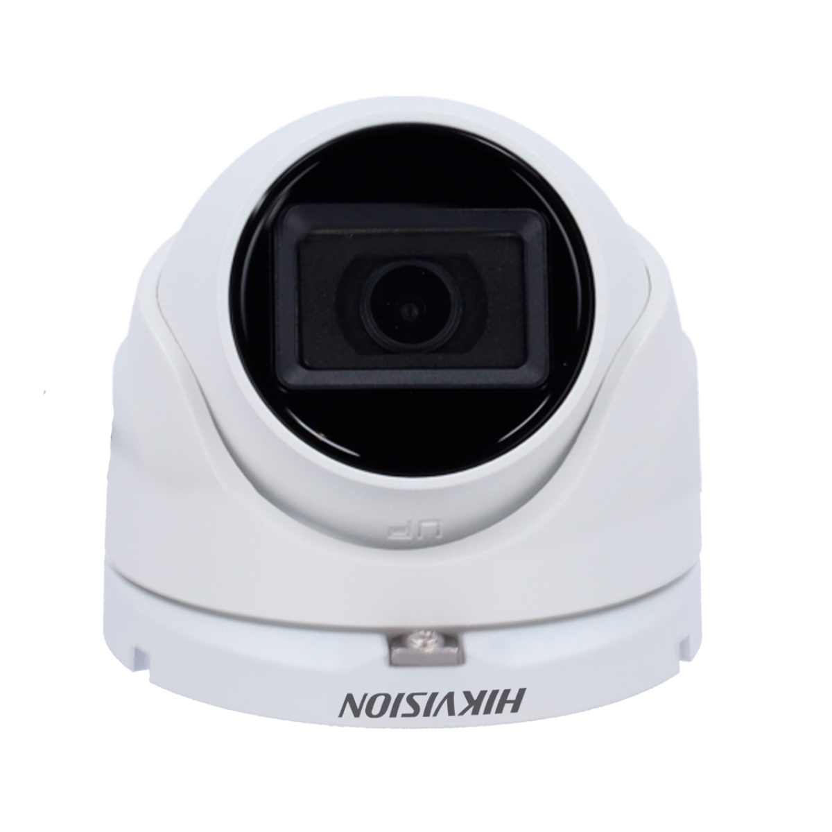 Witte beveiligingscamera met een zwarte lens, merk 'HIKVISION', koepelvormig.