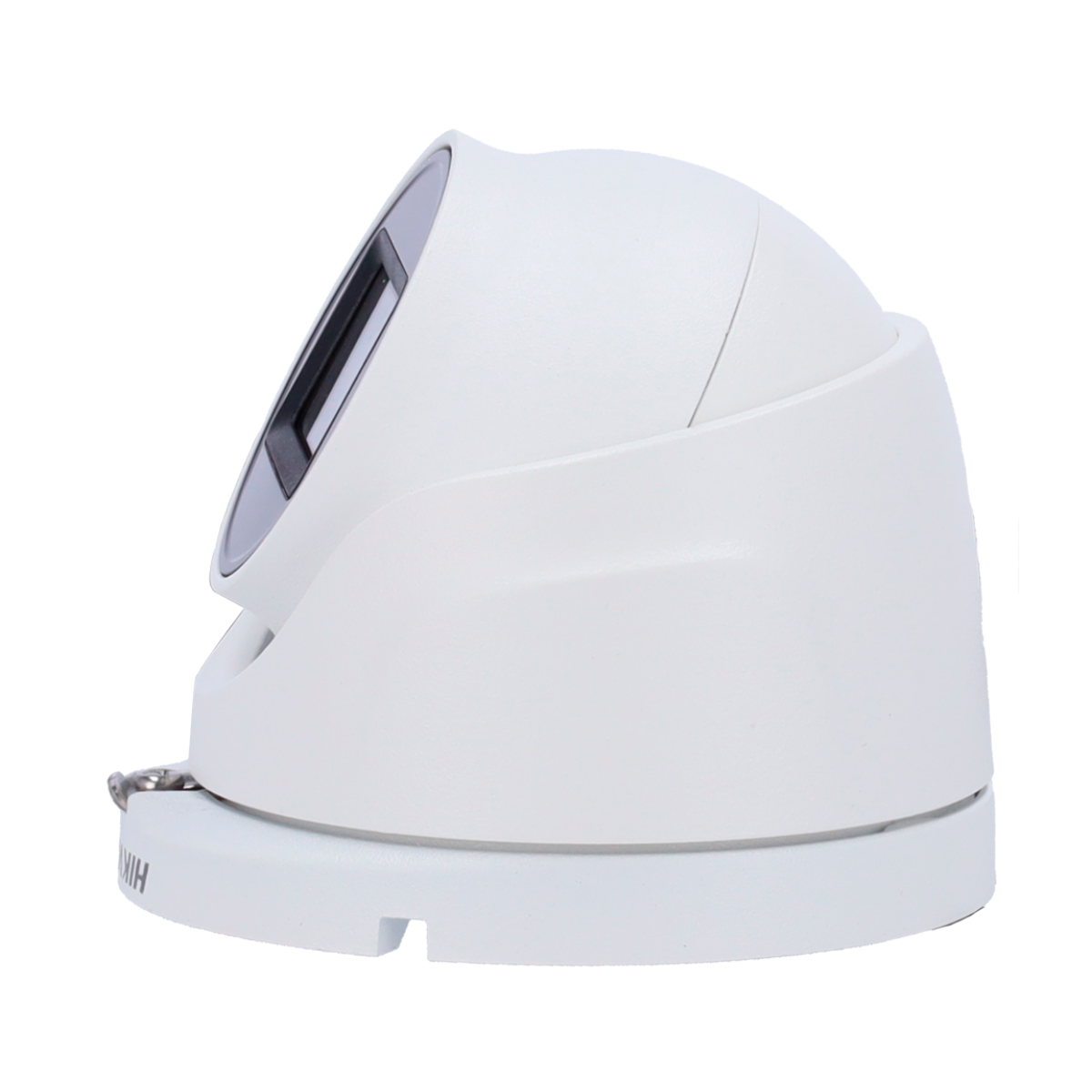 Witte dome beveiligingscamera met zwarte lens. Merk Hikvision bovenaan zichtbaar.