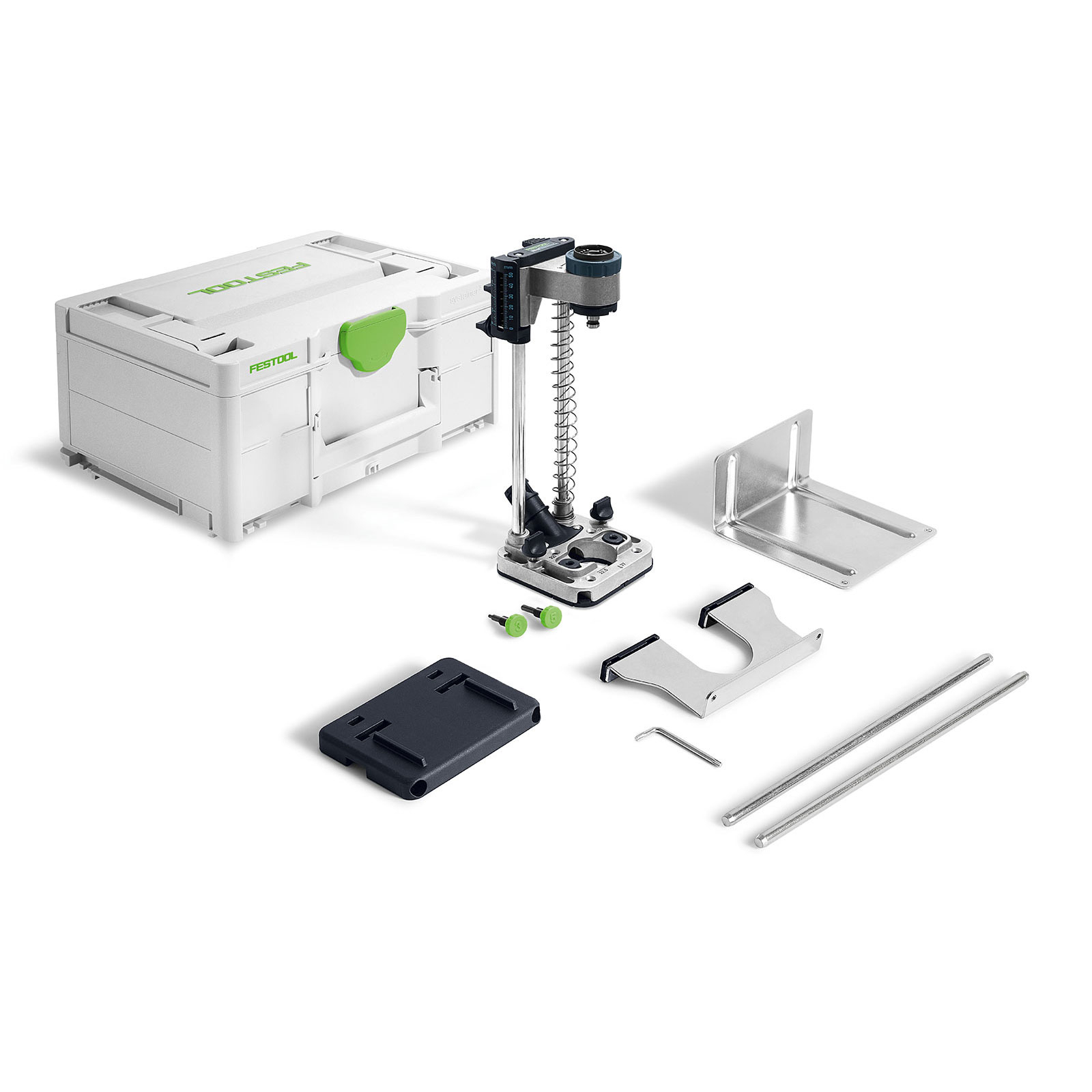 Kit de herramientas con herramientas plateadas y verdes sobre fondo blanco, con logo Festool.