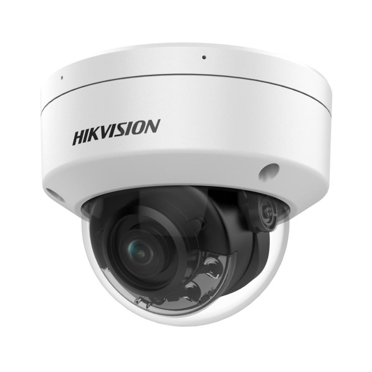 Biała kamera kopułkowa z czarnym obiektywem, logo HIKVISION.