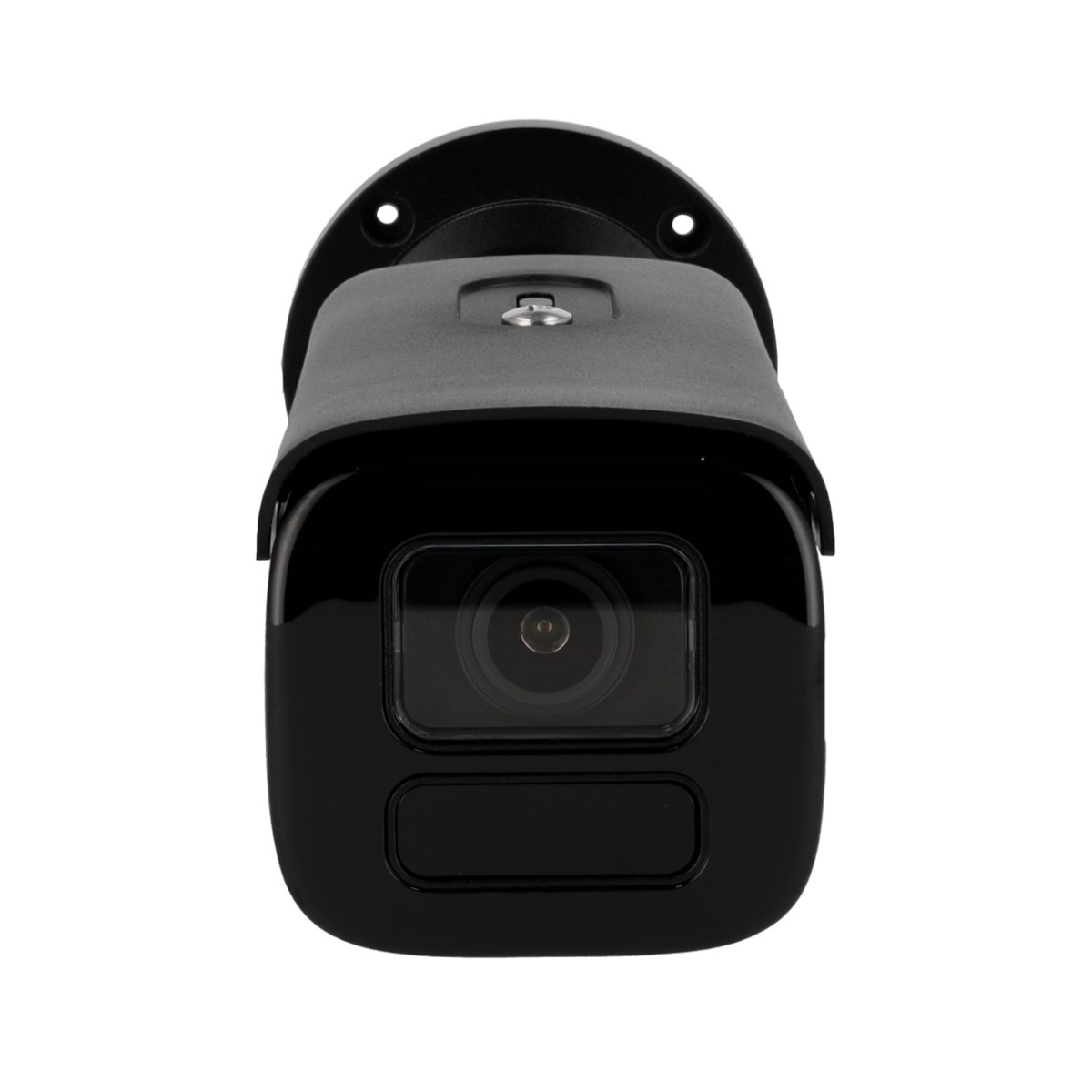 Telecamera di sicurezza nera con obiettivo, su sfondo bianco. Rivolta verso l'osservatore.
