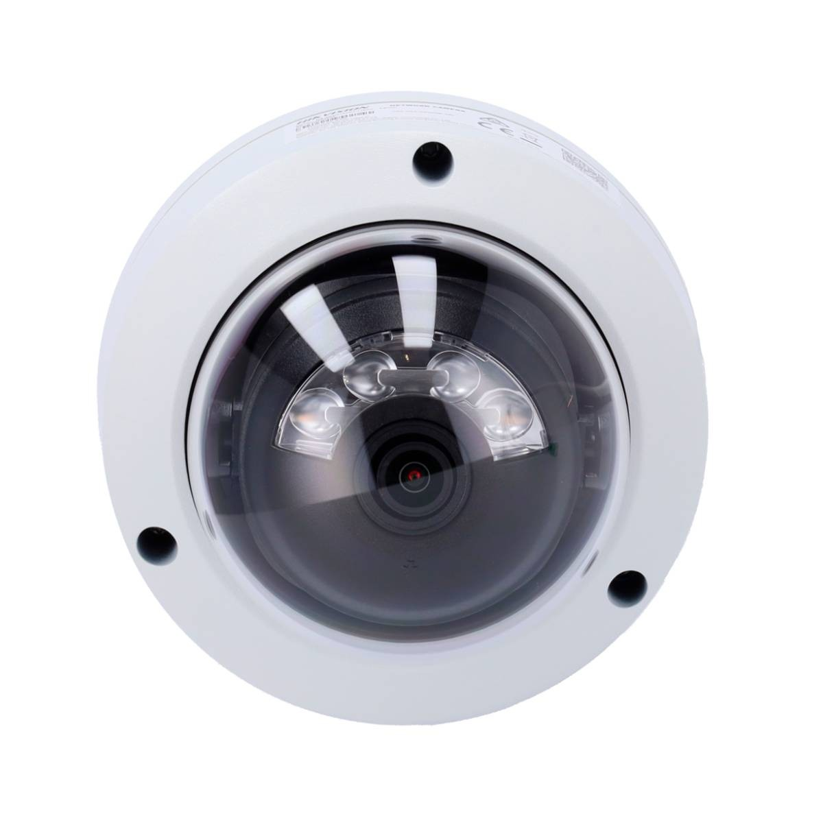 Biała kamera kopułkowa z ciemnym obiektywem i diodami LED. Izolowana na białym tle, widok z góry.