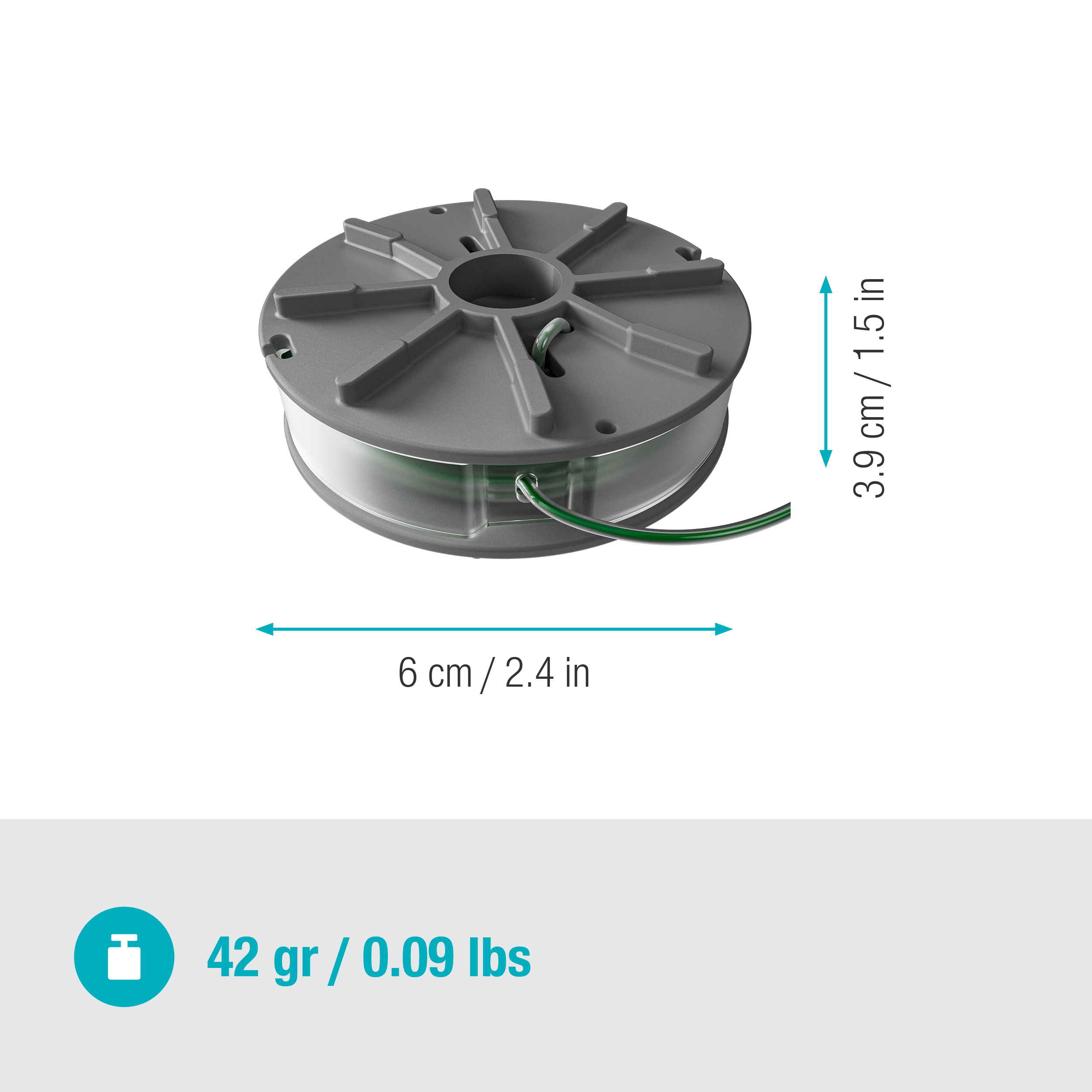 Eine graue Spule mit Trimmerleine, 6 cm breit, 3,9 cm hoch, mit grünem Faden. 42 g / 0,09 lbs.