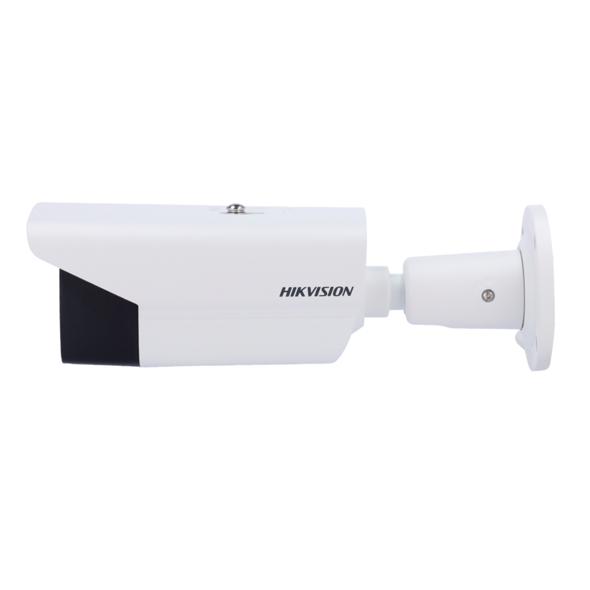 Een witte Hikvision-beveiligingscamera met een zwarte voorkant en een zijaanzicht.