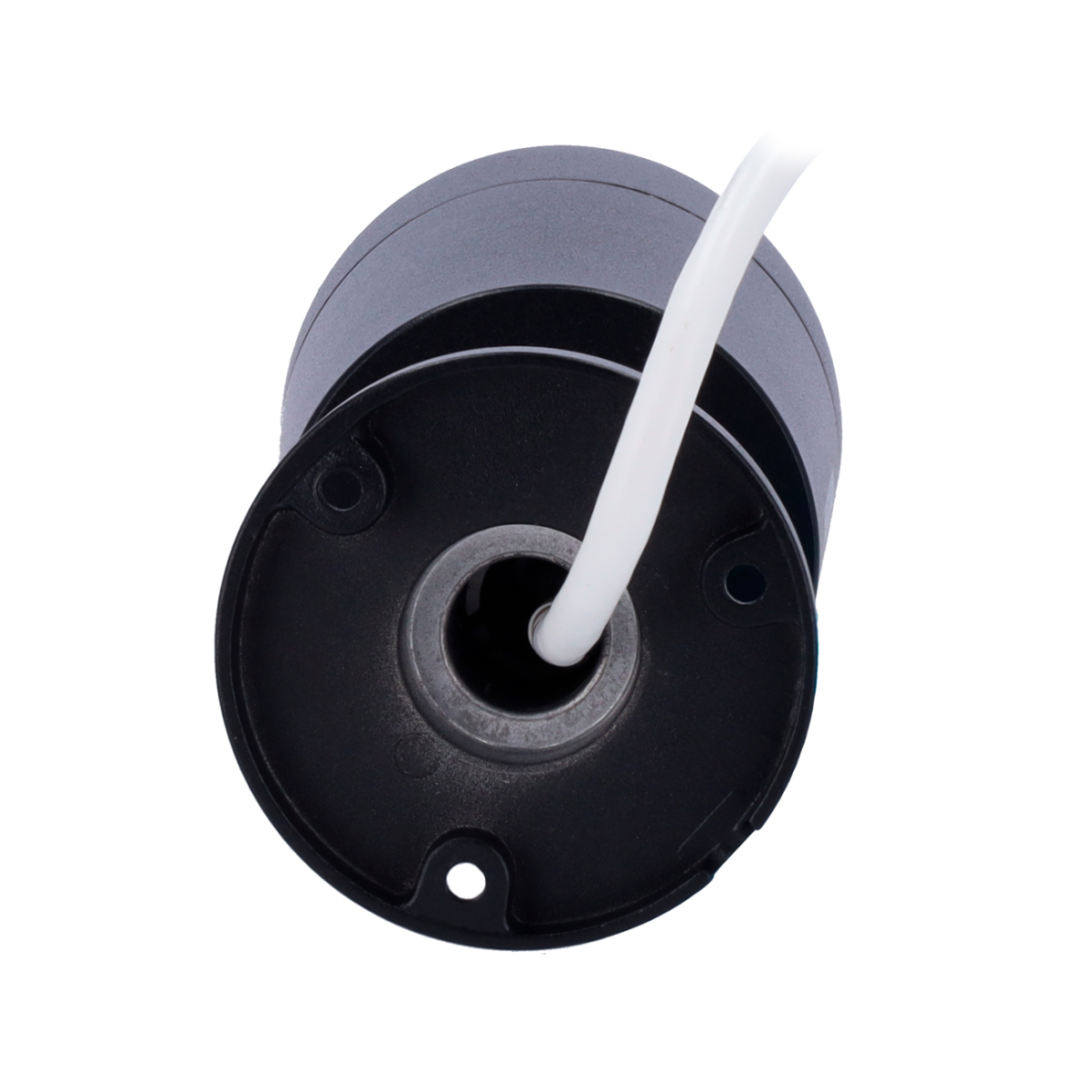 Czarna, okrągła podstawa kamery bezpieczeństwa z białym kablem.