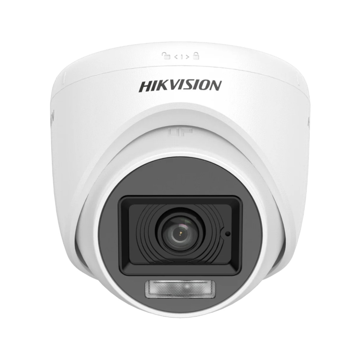 Witte Hikvision dome camera met een zwarte lens en de merknaam bovenaan.