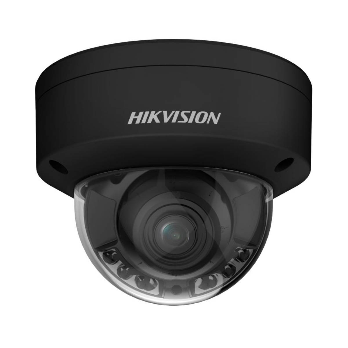 Caméra dôme Hikvision noire, lentille en dôme transparente.