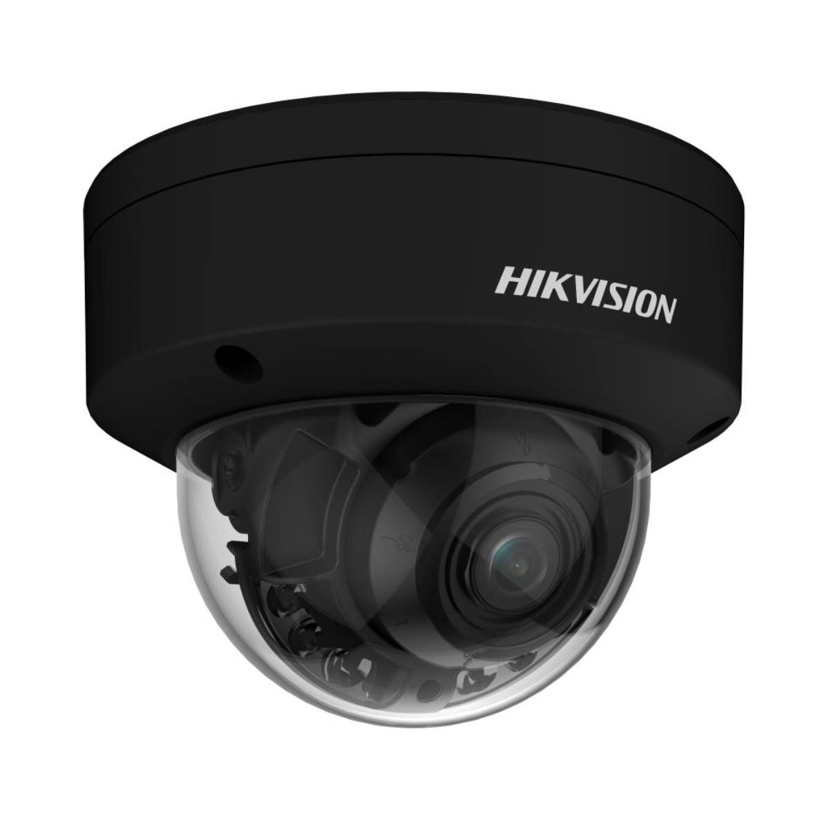 Caméra dôme Hikvision noire, lentille en dôme transparente.