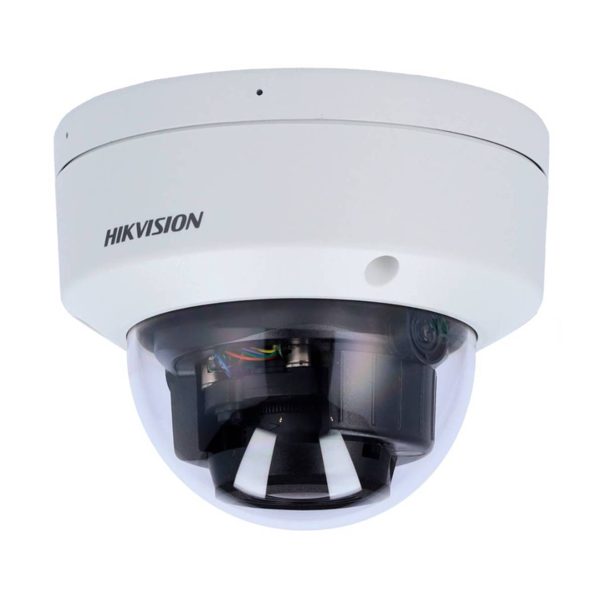 Weiße Hikvision-Kamera, mit transparentem Kuppelobjektiv.