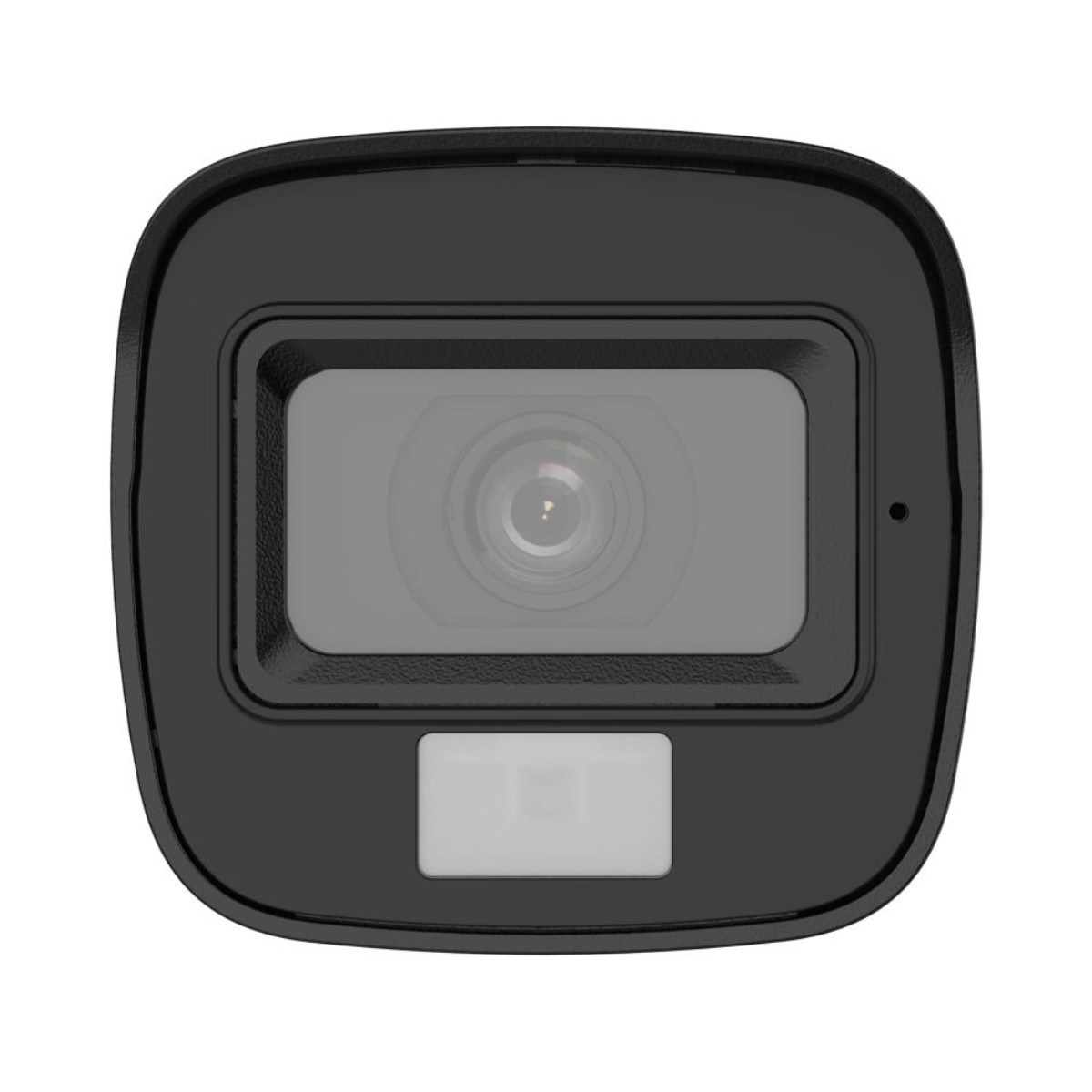 Czarna kamera bezpieczeństwa z prostokątnym obiektywem i białym prostokątnym światłem.