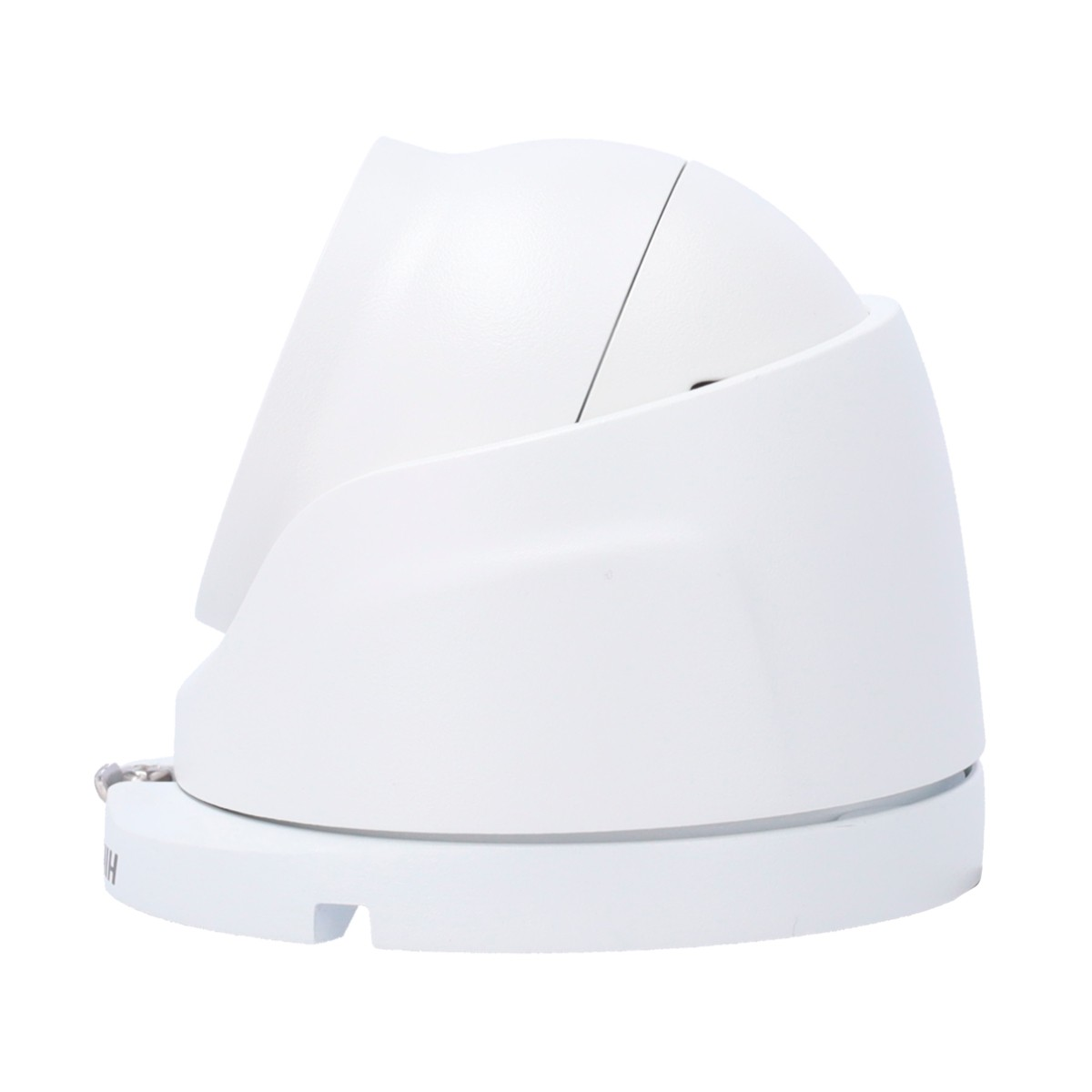 Witte beveiligingscamera, zijaanzicht, met een afgeronde bovenkant en een Hikvision-label aan de onderkant.
