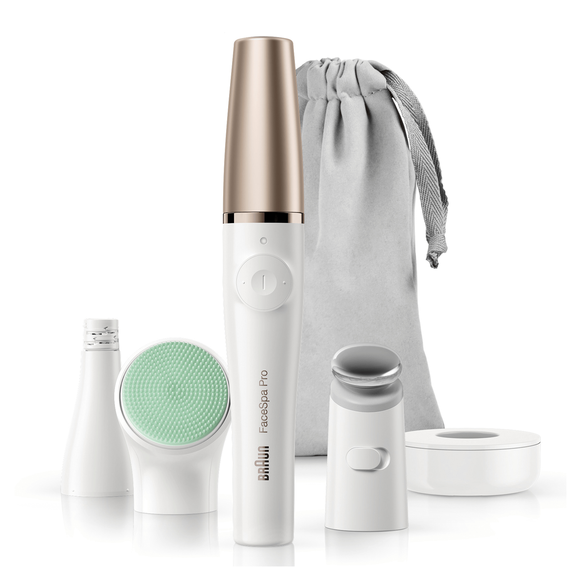 Beyaz arka plan üzerinde Braun FaceSpa Pro seti, cihaz, fırça ve aksesuarları içerir.