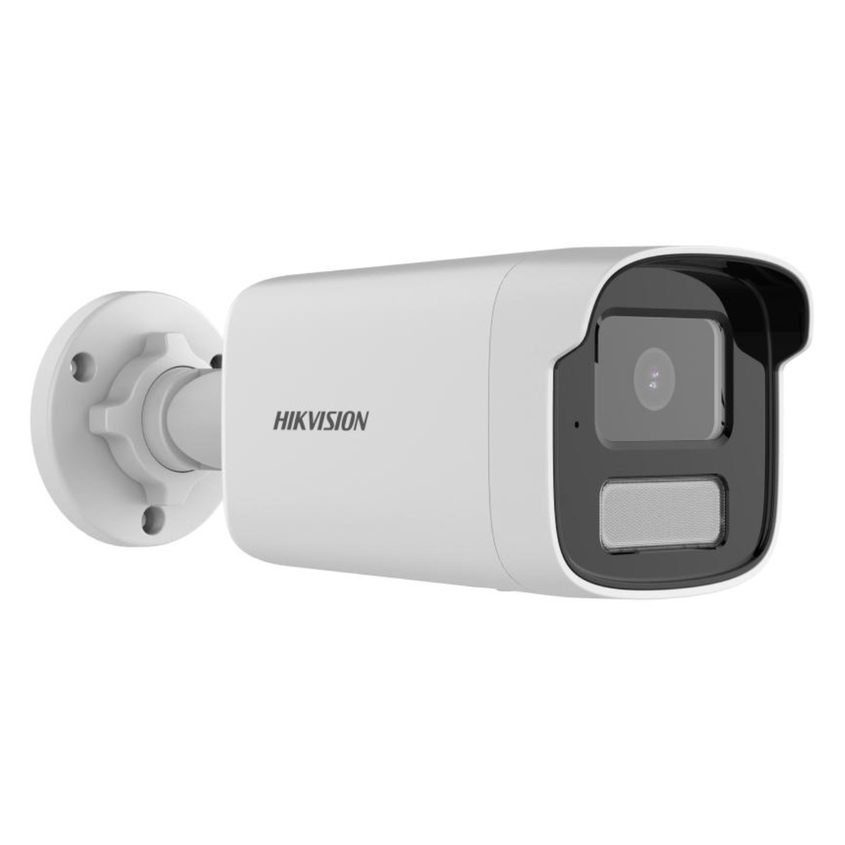 Eine weiße Hikvision-Überwachungskamera mit rechteckiger Linse und Montagebasis.