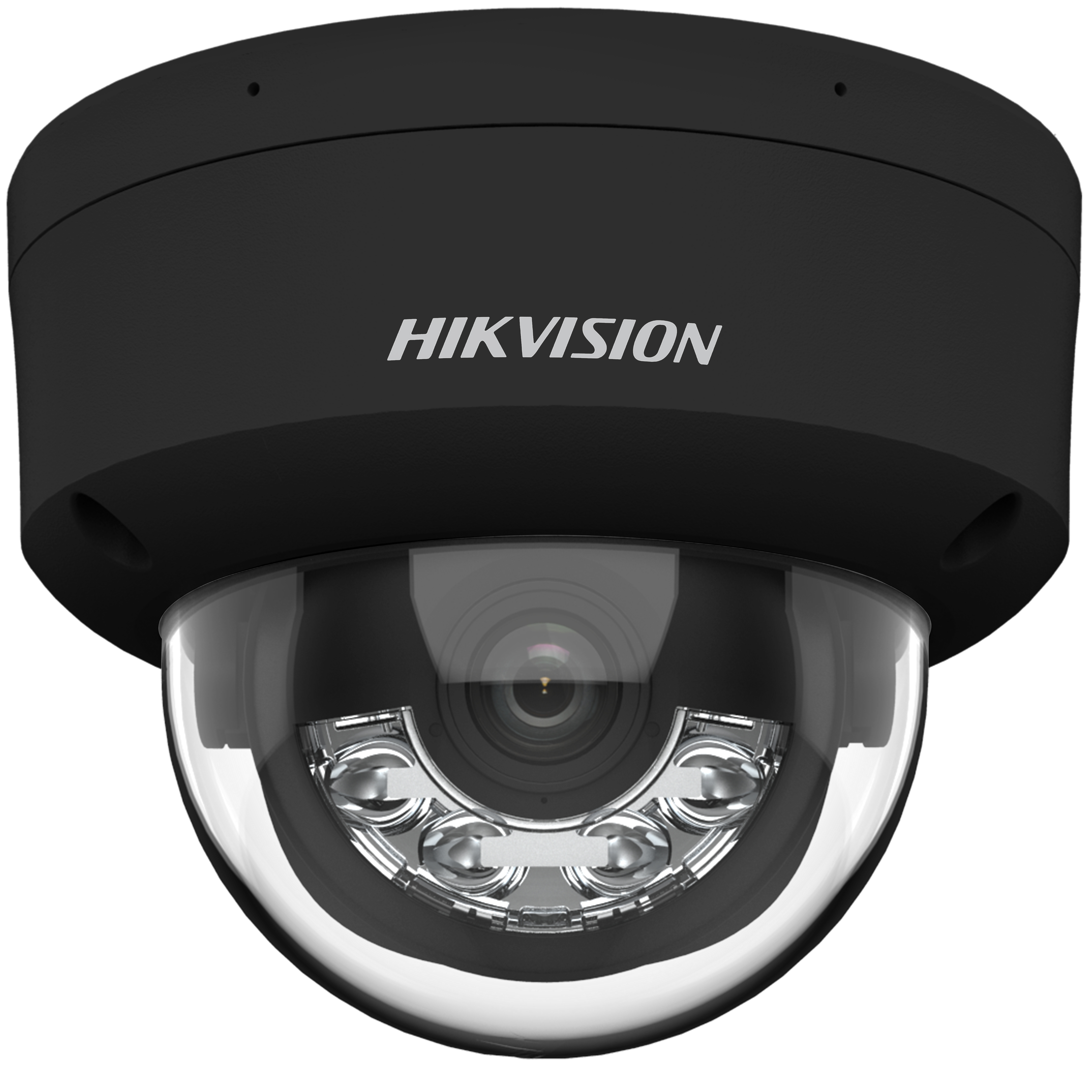 Black dome-shaped Hikvision security camera, a clear dome, and visible internal lights.