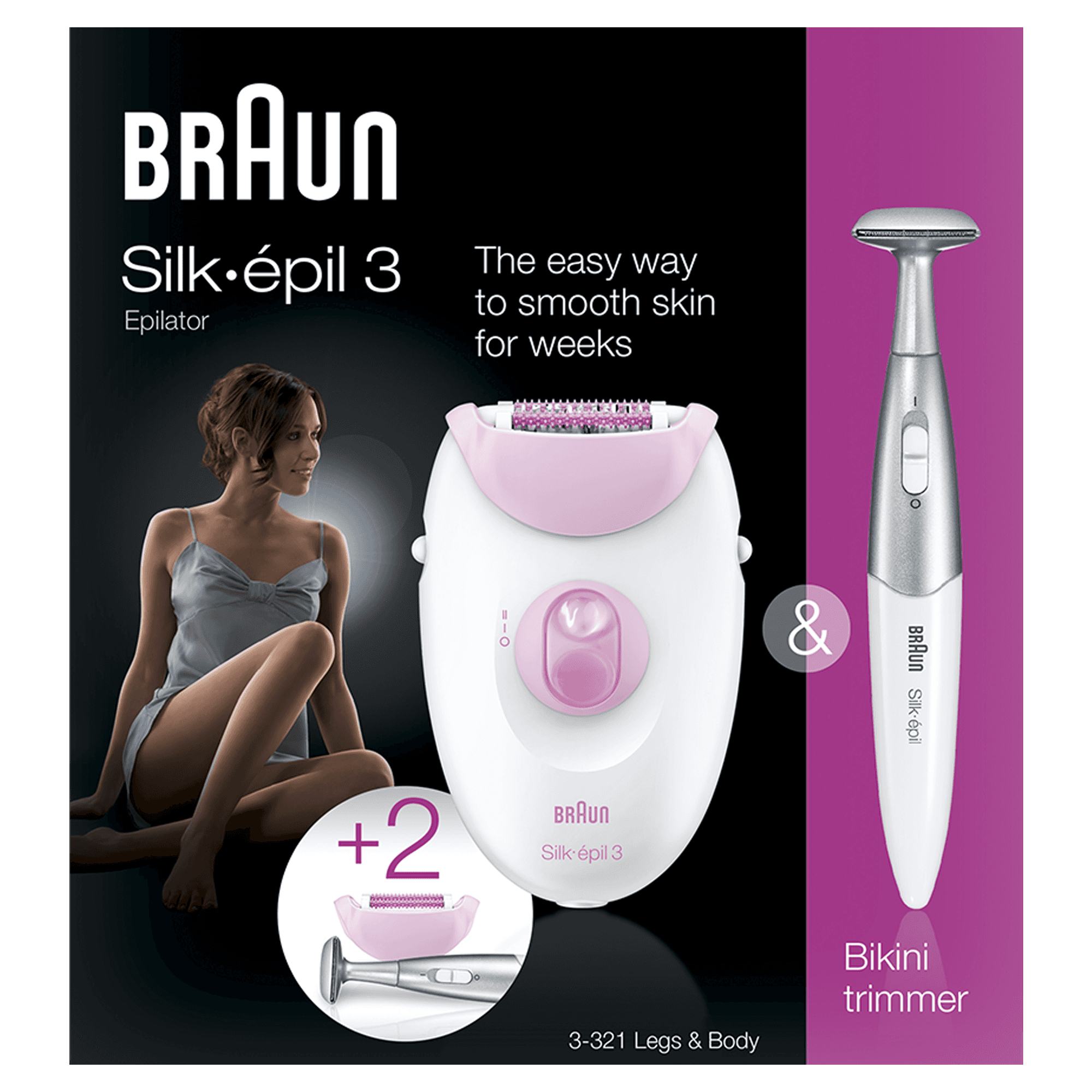 Braun epilatör, bikini düzeltici ve kadın grafiği içeren kutu.