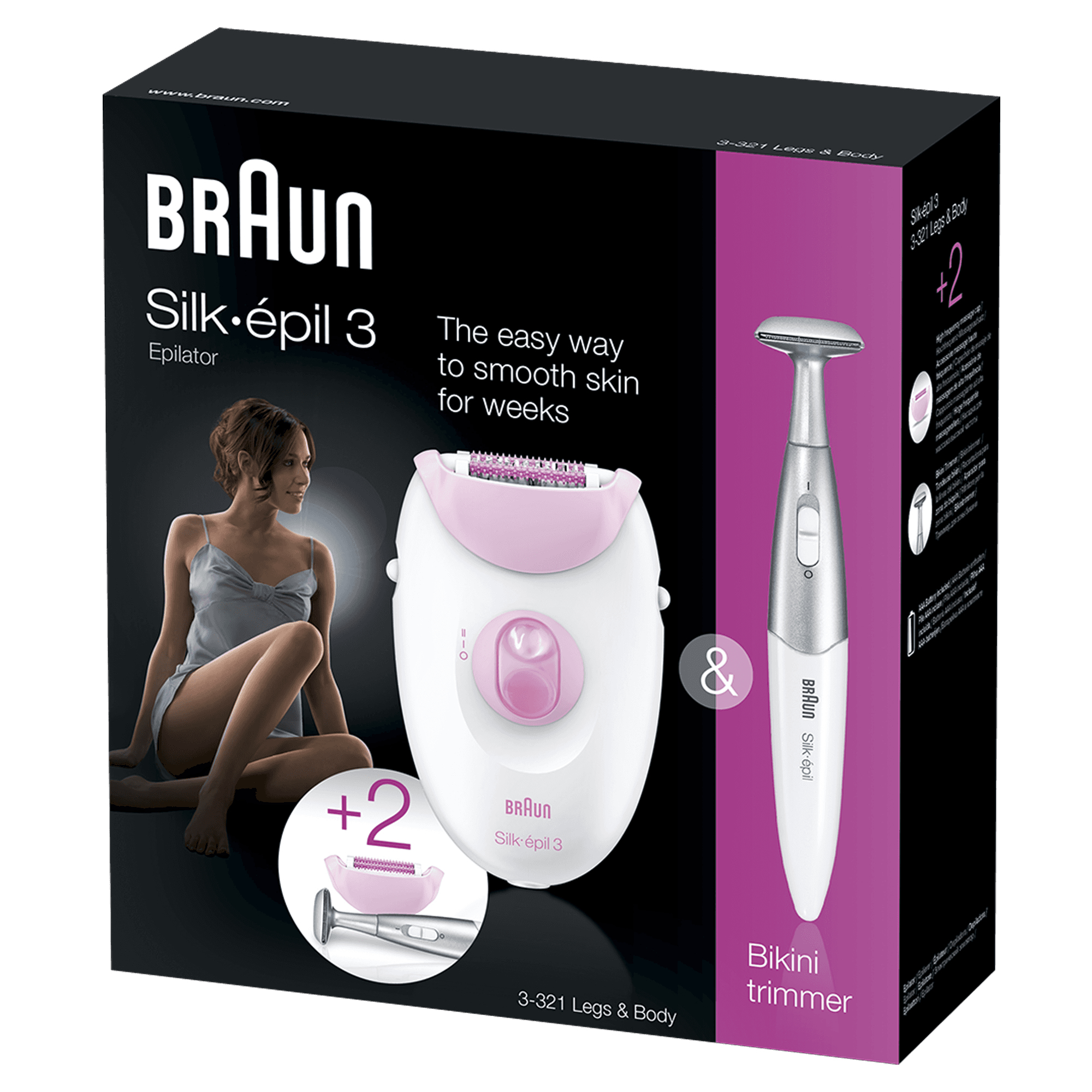 Braun epilatör, bikini düzeltici ve kadın grafiği içeren kutu.