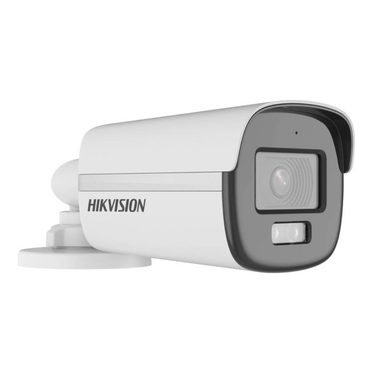Weiße Hikvision Überwachungskamera mit dunkelgrauem Linsenbereich und weißem Sockel.