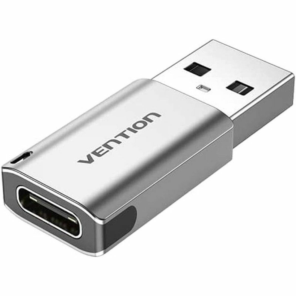 Adattatore USB-C Vention argentato, con connettore USB-A da un lato e USB-C dall'altro.