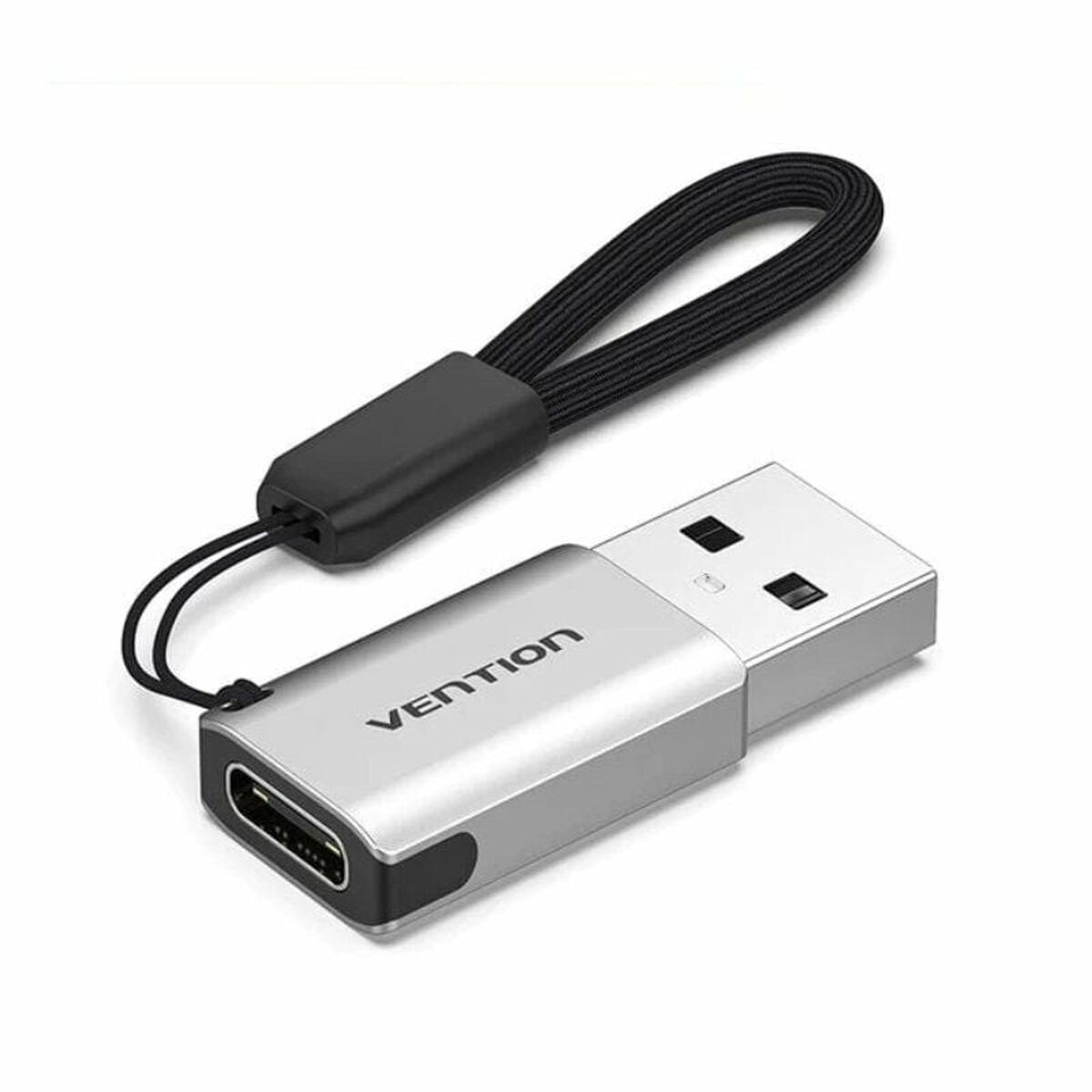 Adattatore USB Vention argento con cinturino nero.