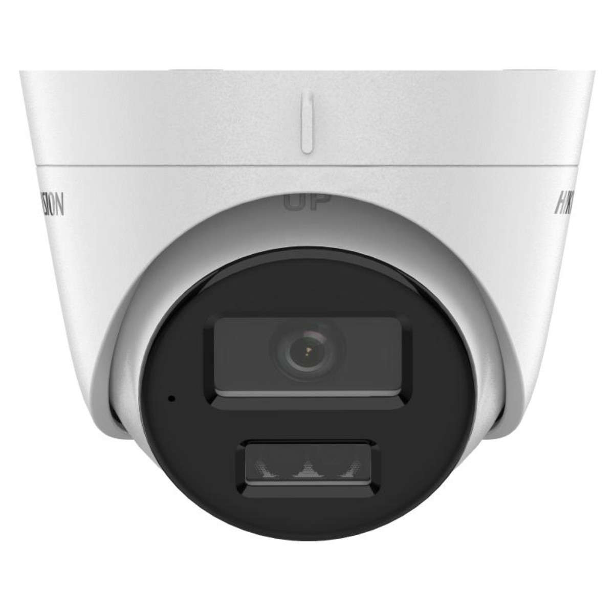Weiße Überwachungskamera mit schwarzer Front und HIKVISION-Logo. Die Kamera ist nach oben gerichtet.