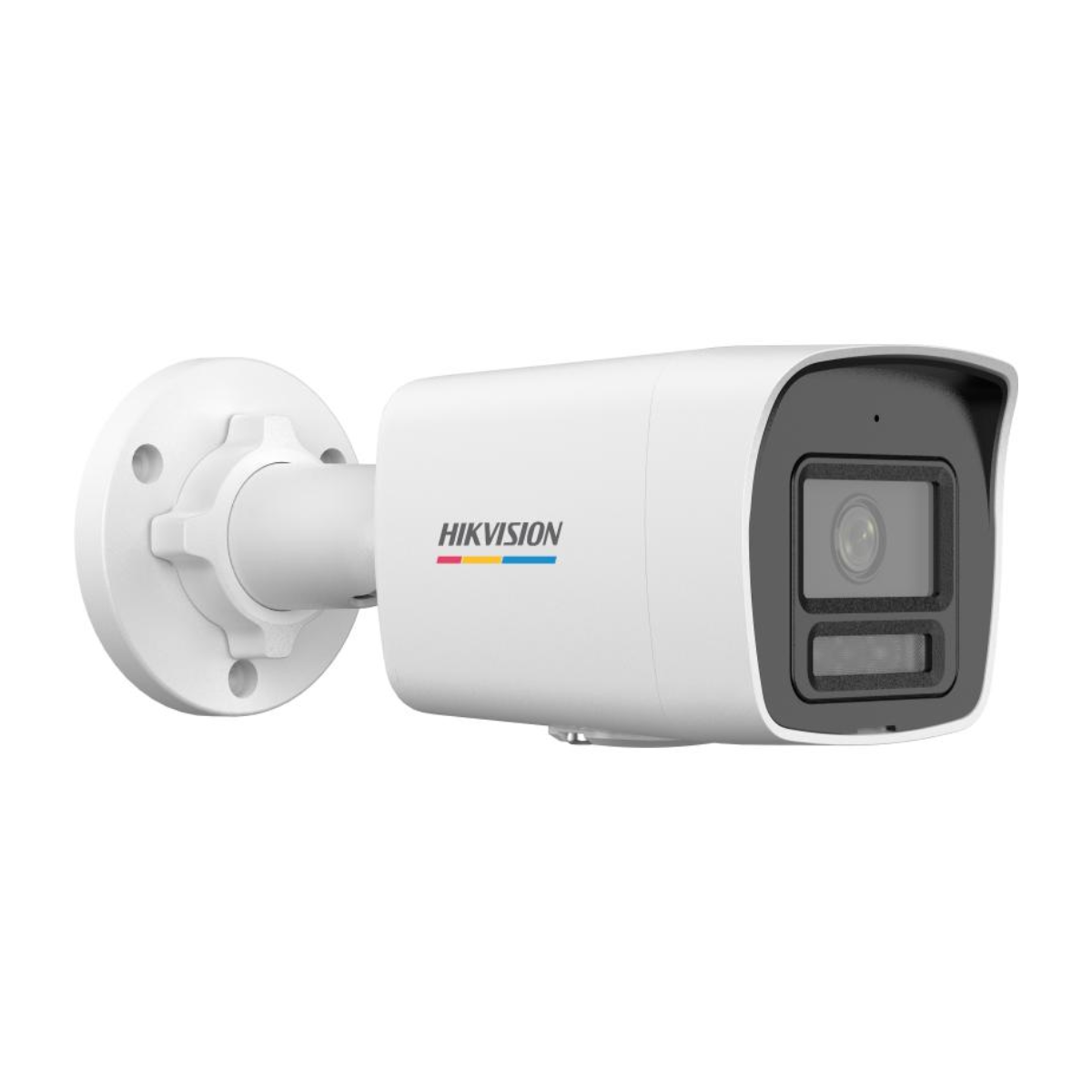 Weiße Überwachungskamera mit schwarzer Front und HIKVISION-Logo. Sie ist auf einer weißen Oberfläche montiert.