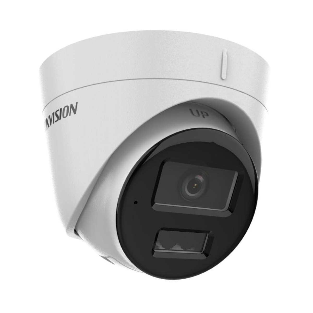 Weiße Überwachungskamera mit schwarzer Front und HIKVISION-Logo. Die Kamera ist nach links geneigt.
