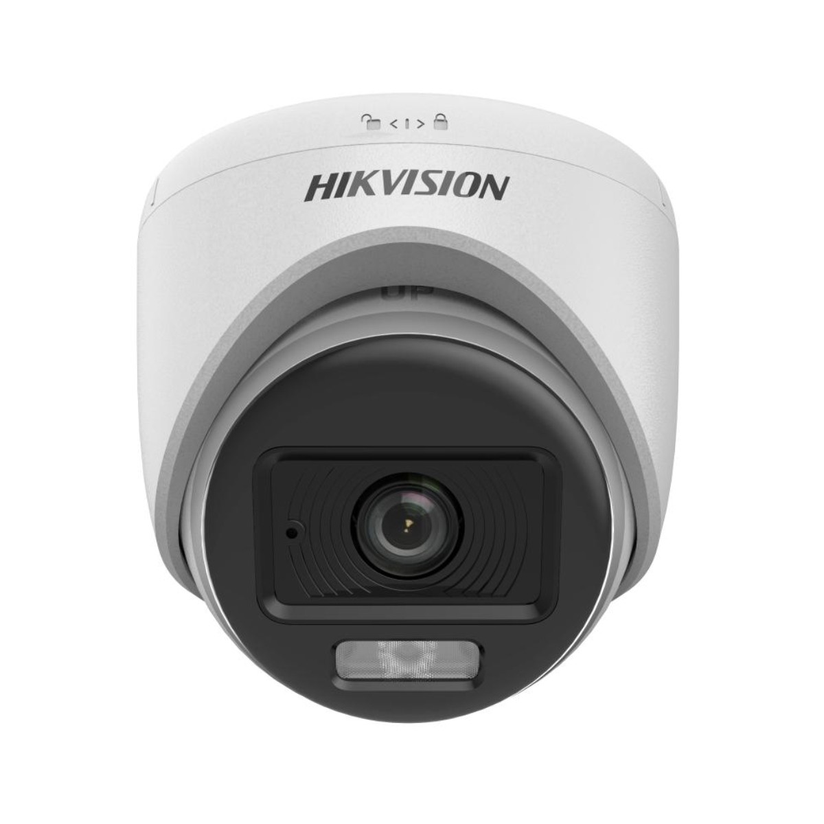 Weiße Überwachungskamera mit schwarzer Front und HIKVISION-Logo. Die Kamera ist nach rechts geneigt.