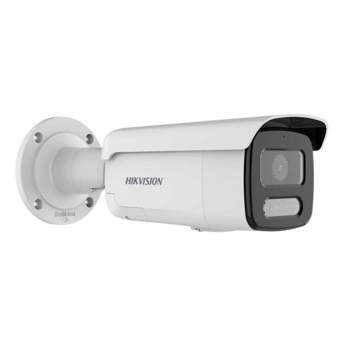 Een witte Hikvision beveiligingscamera aan de muur gemonteerd, de onderkant tonend.