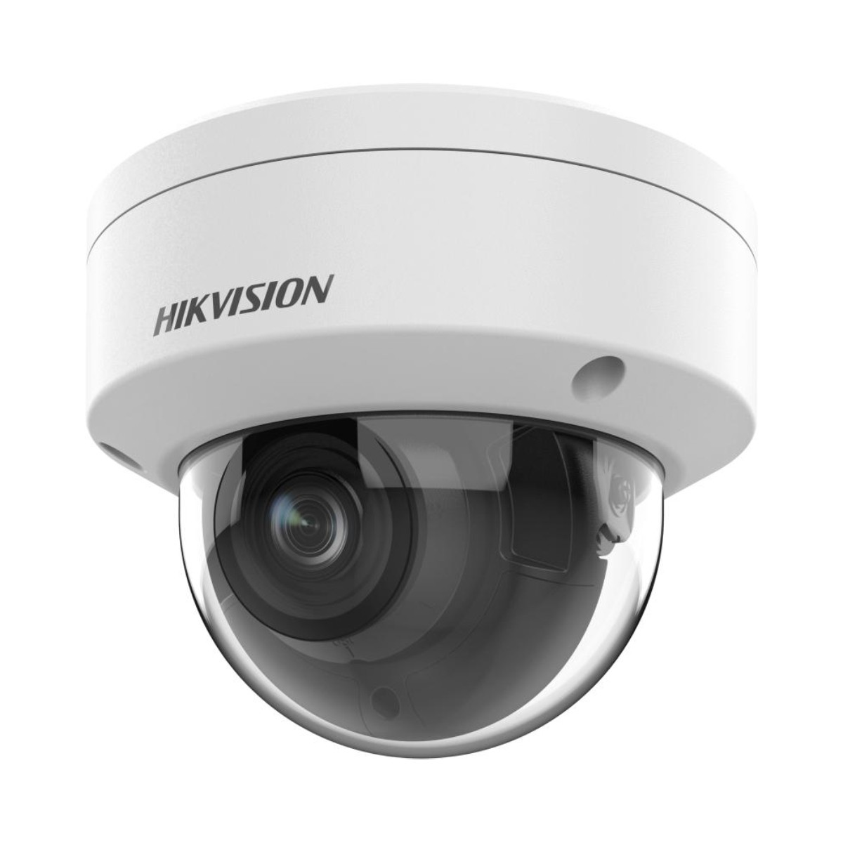 Biała kamera kopułkowa Hikvision z przezroczystym obiektywem.
