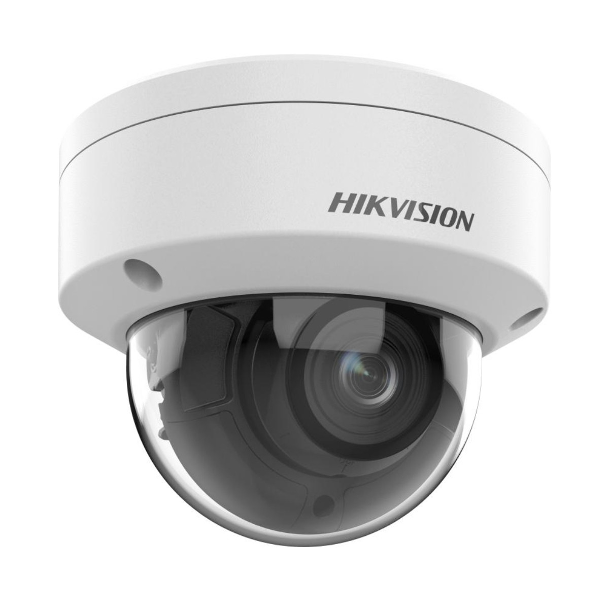 Biała kamera kopułkowa Hikvision z przezroczystym obiektywem.