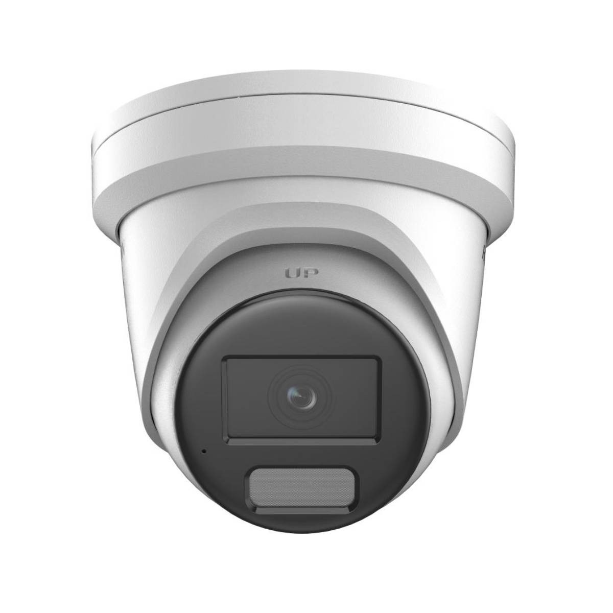 Biała kamera kopułkowa z ciemnym obiektywem i słowem 'UP' na górze.