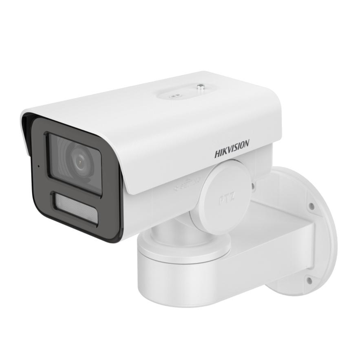 Weiße Hikvision Überwachungskamera. Rechteckiges Design, an Wand montiert, Wort 'HIKVISION' sichtbar.