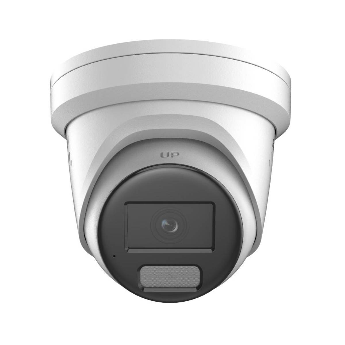 Biała kamera monitoringu z czarnym obiektywem. Na kamerze napis UP.