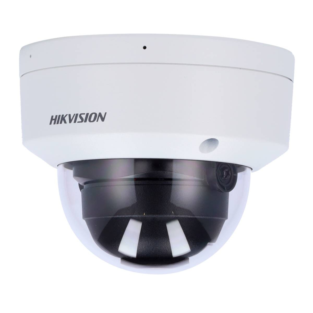 Weiße Kuppel-Überwachungskamera mit schwarzem Boden und HIKVISION-Logo. Die Kamera ist vor weißem Hintergrund.