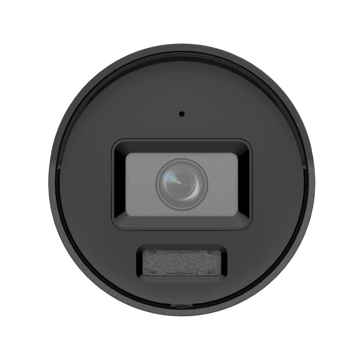 Close-up van een zwarte beveiligingscameralens. Donkere lens met een vierkant interieur en een zwart frame.