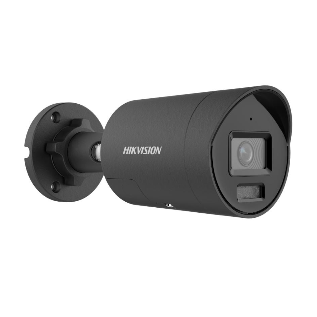 Zwarte beveiligingscamera met HIKVISION-logo. Cilindervormig, aan de muur bevestigd. Zwarte kleur.