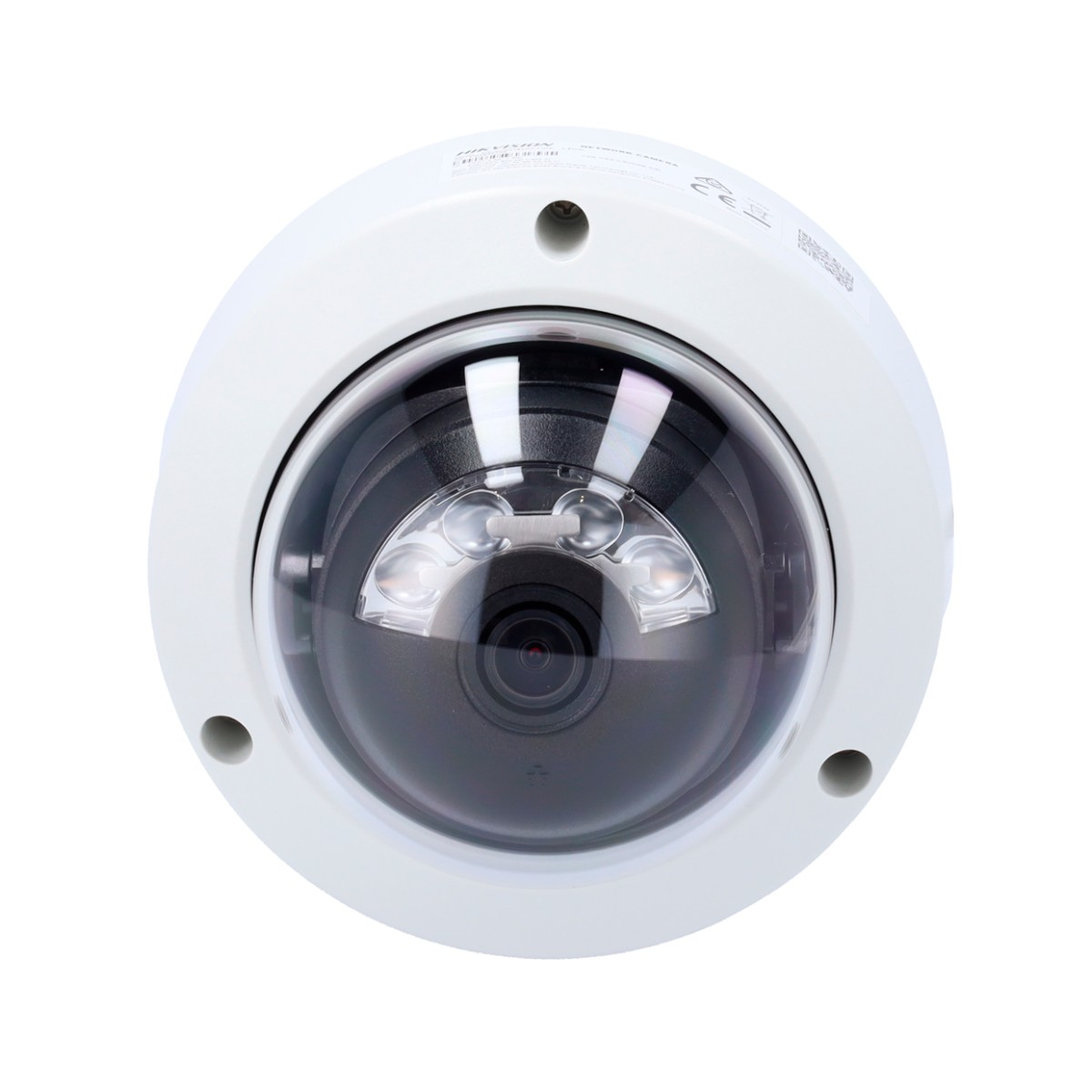Kuppelkamera von unten mit dem HIKVISION-Logo. Sie hat Lichter im Inneren.
