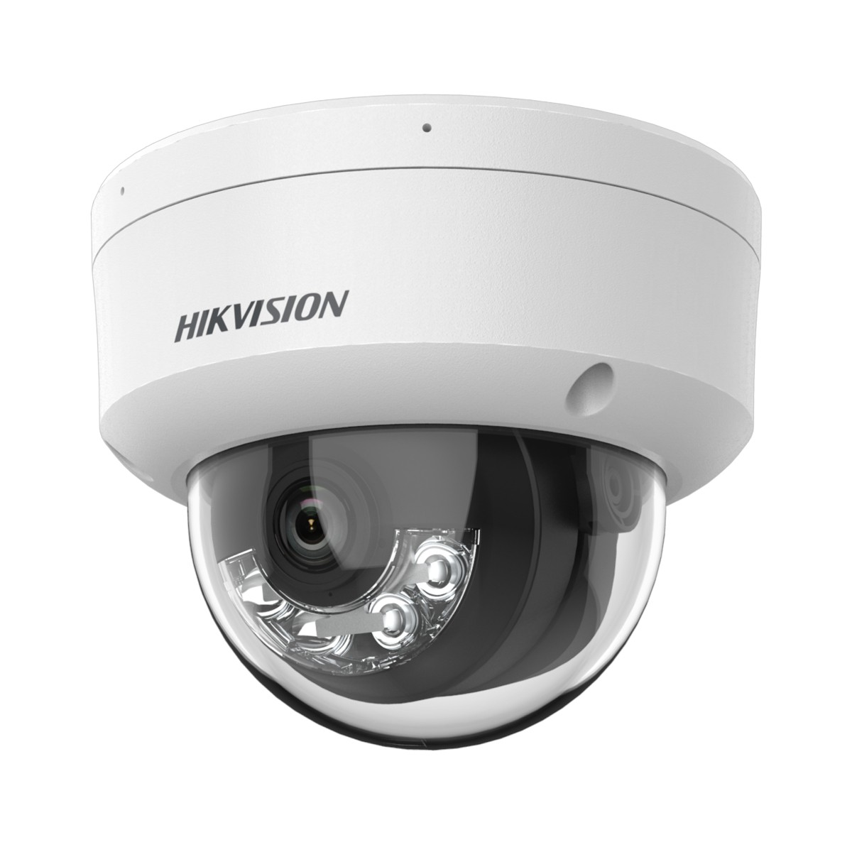Eine weiße Kuppelkamera mit dem Schriftzug HIKVISION. Sie hat eine transparente Kuppel mit Lichtern.